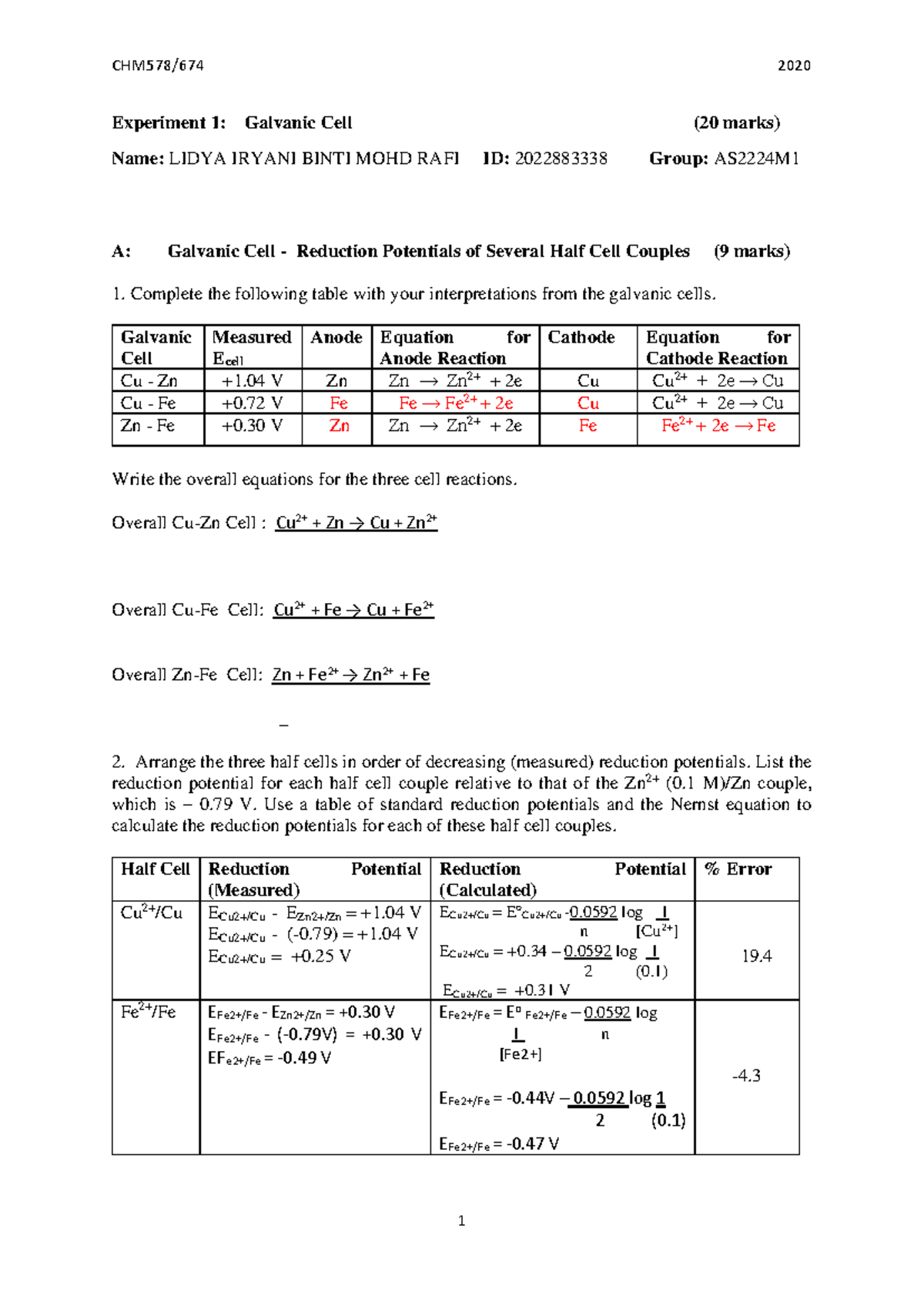 2020 Lab Report: Experiment 1 - Galvanic Cell Analysis (20 Marks) - Studocu