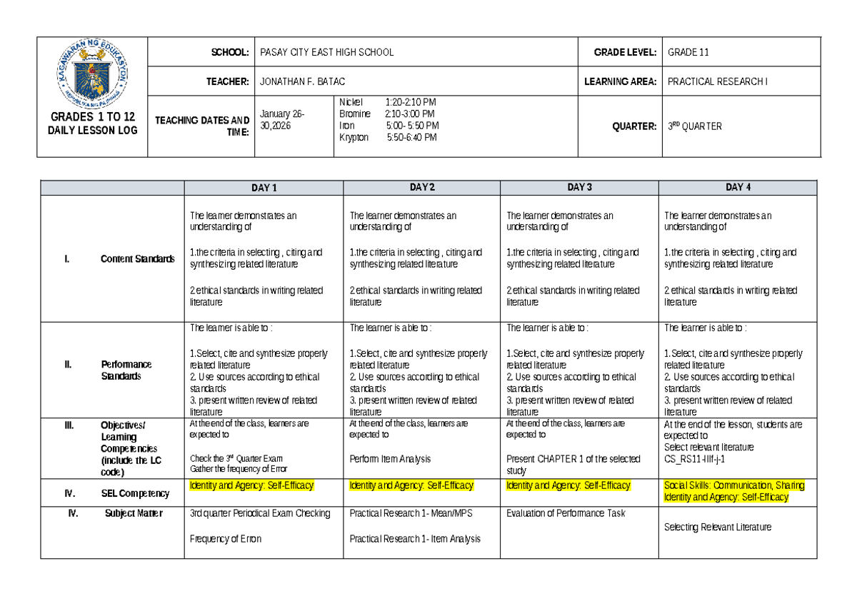 GRADES 11 PRACTICAL RESEARCH I DAILY LESSON LOG (Q3) - Studocu