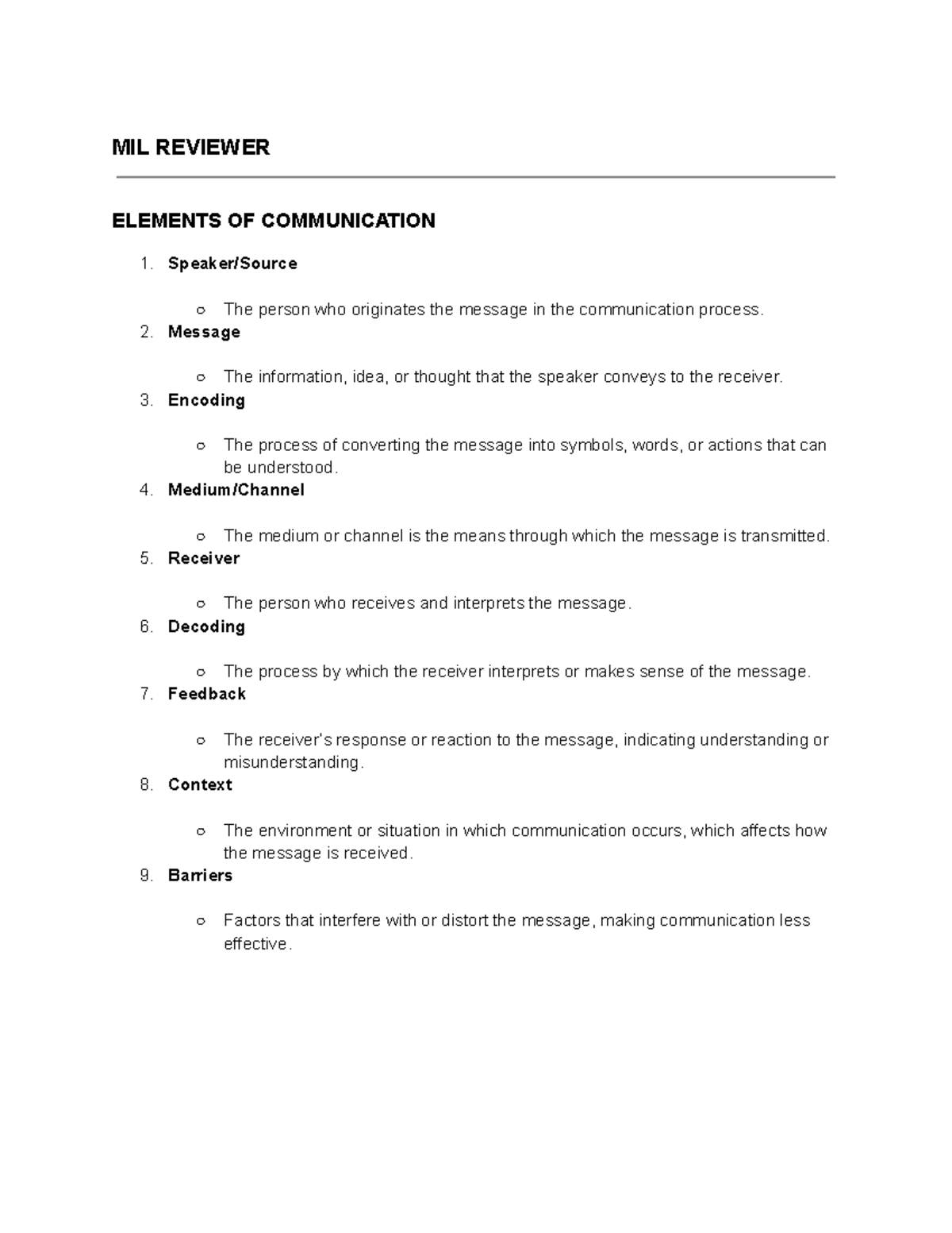 MIL - Communication Elements & Models Reviewer - Studocu
