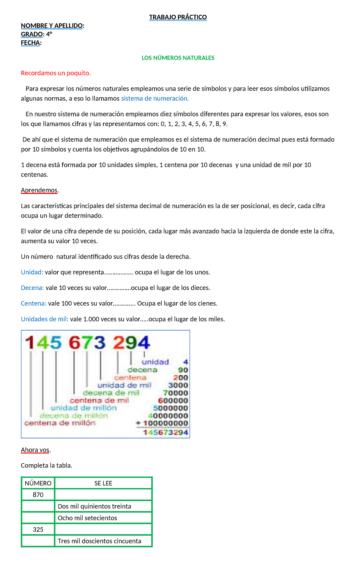 Matematica - Números Naturales para Grado 4° - Trabajo Práctico - Studocu