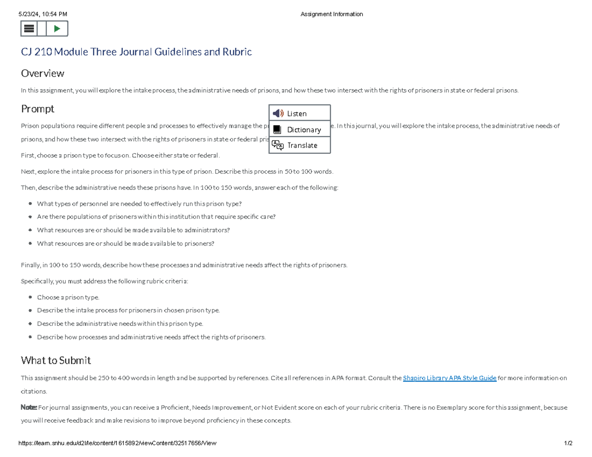 CJ-210 Module 3 Journal: Intake Process & Prison Admin Needs Analysis ...