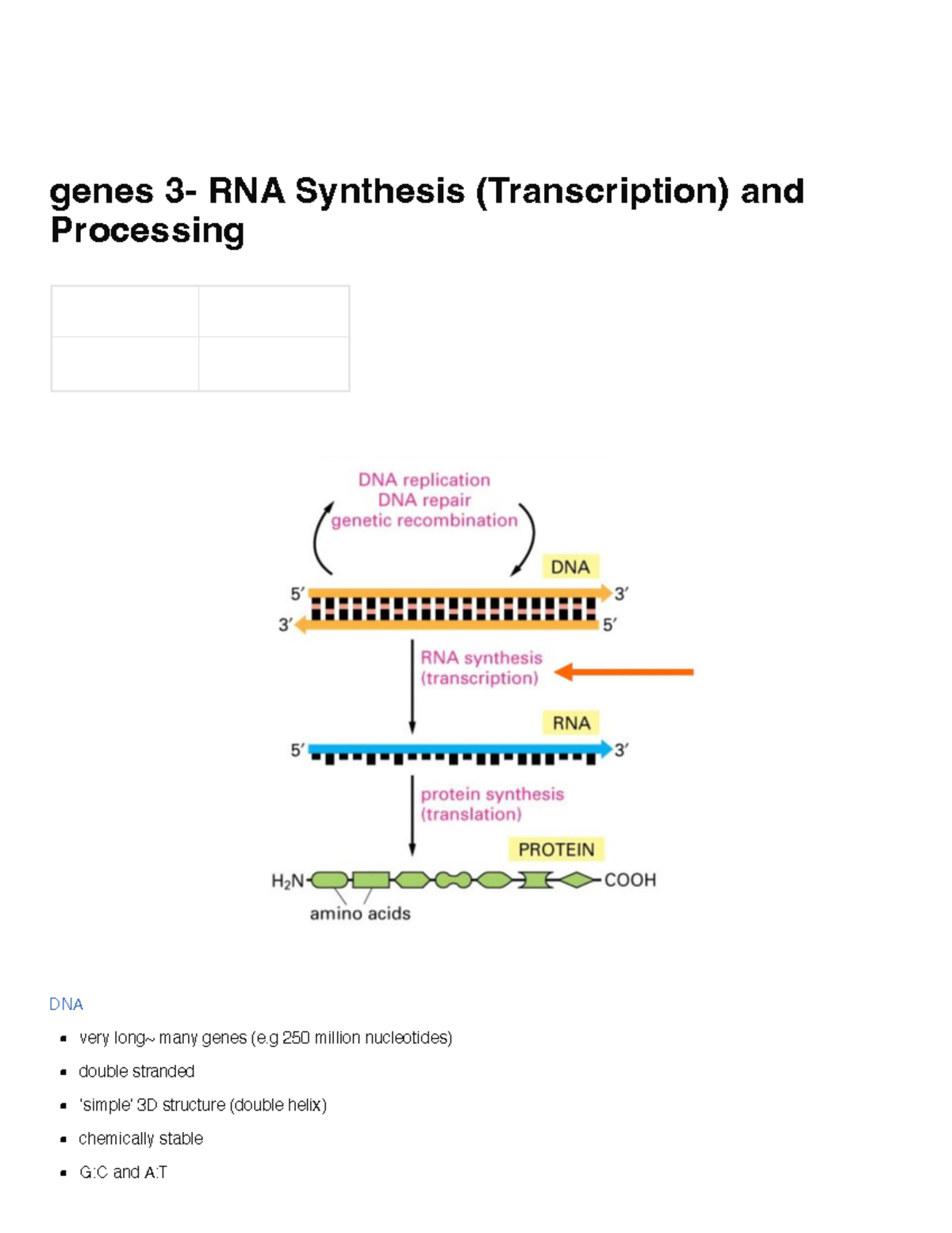 Genes 3 - RNA Synthesis (Transcription) & Processing Overview - Studocu