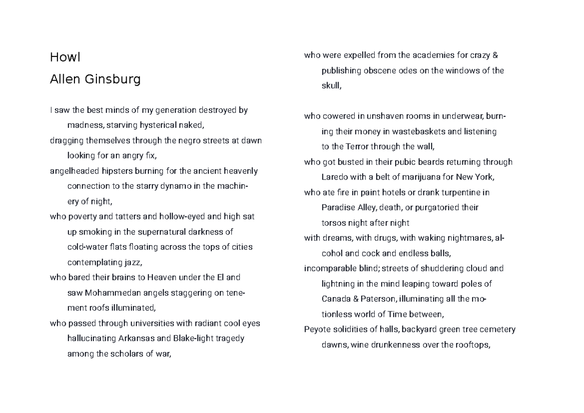 Howl - Allen Ginsburg - Related Text for English Ext. 1 Analysis - Studocu