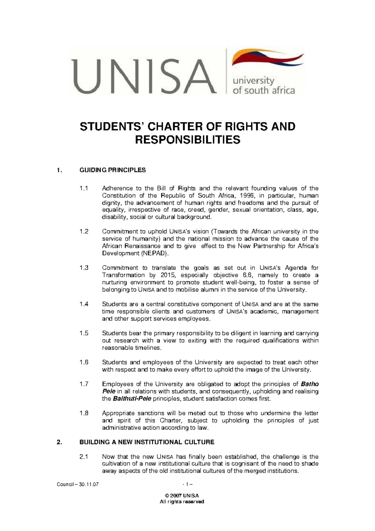 Student Charter: Rights & Responsibilities - UNISA Council Approval 30 ...
