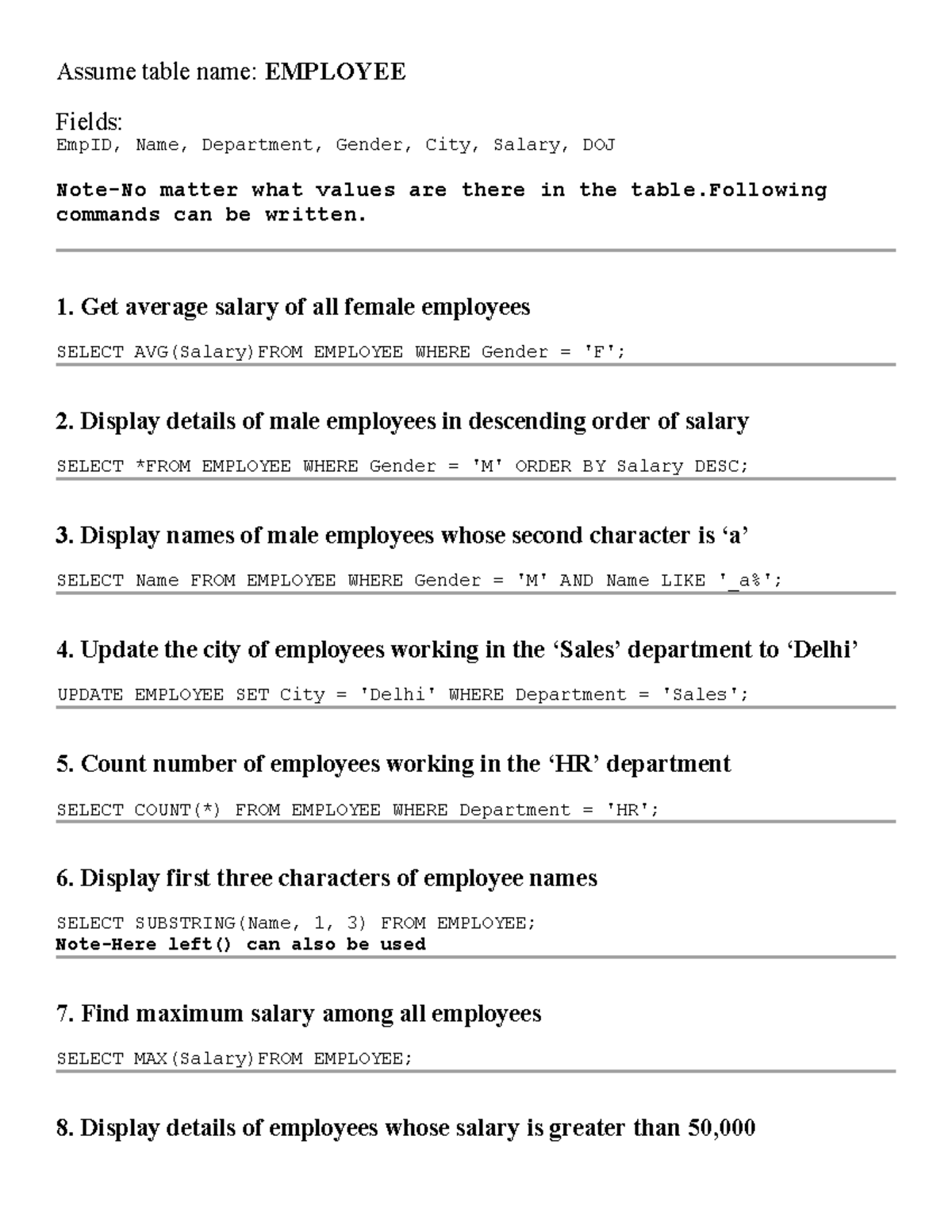 SQL Important Questions for EMPLOYEE Table Analysis - Studocu