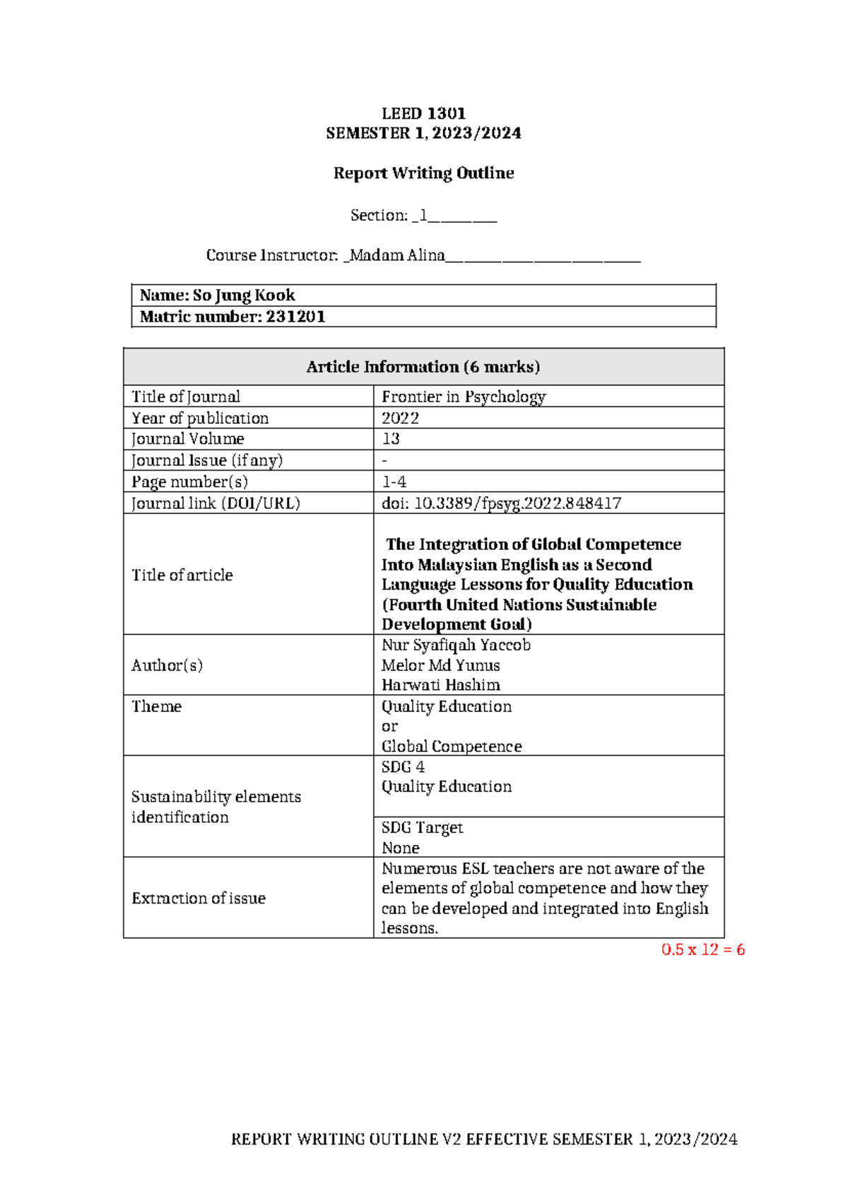 LEED 1301 SEMESTER 1: Report Writing Outline for ESL Article Analysis ...