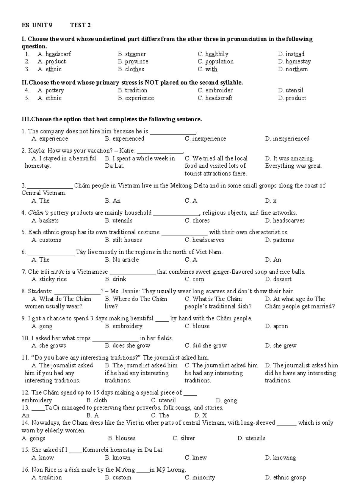 Đề Tiếng Anh 8 i-Learn Smart World Unit 9 Test 2 - Studocu