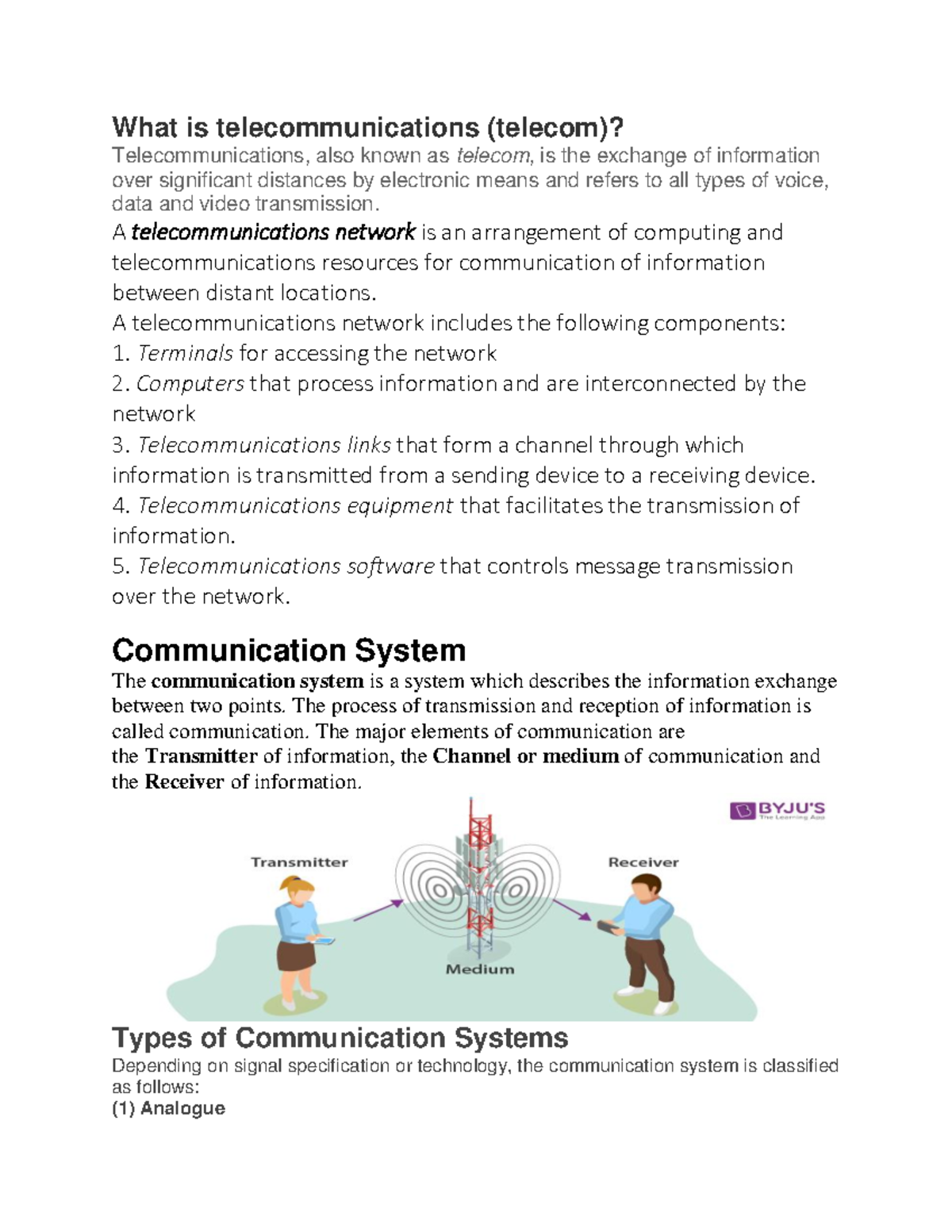 Unit 1 - Telecommunications Overview and Communication Systems - Studocu
