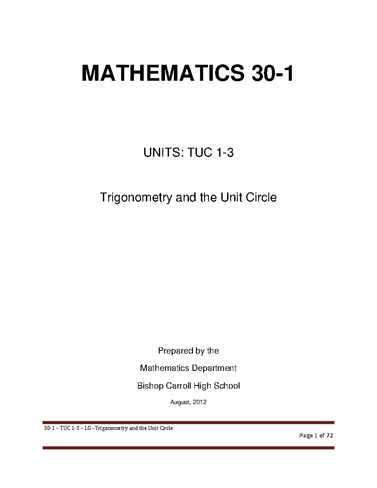 Mathematics 30-1: TUC 1-3 - LG - Study Guide for Trigonometry & Unit ...