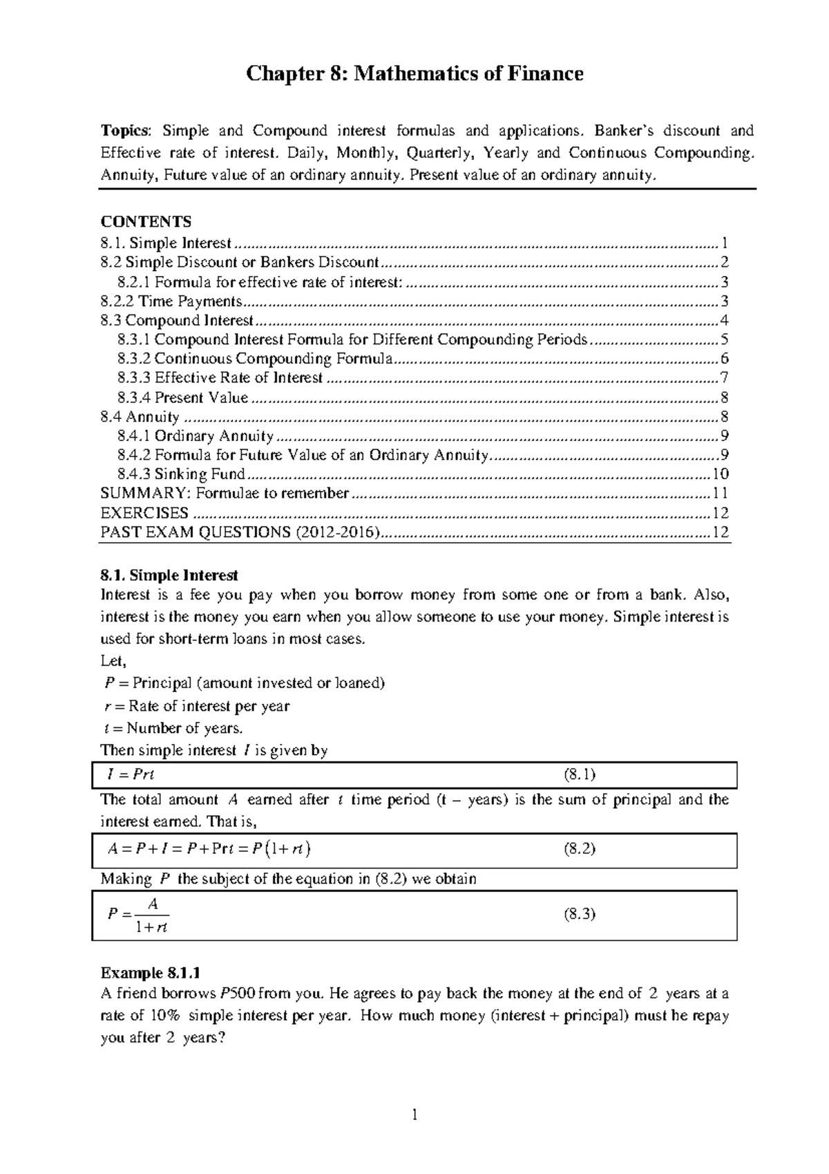 Chapter 8: Mathematics of Finance - Simple & Compound Interest Concepts ...