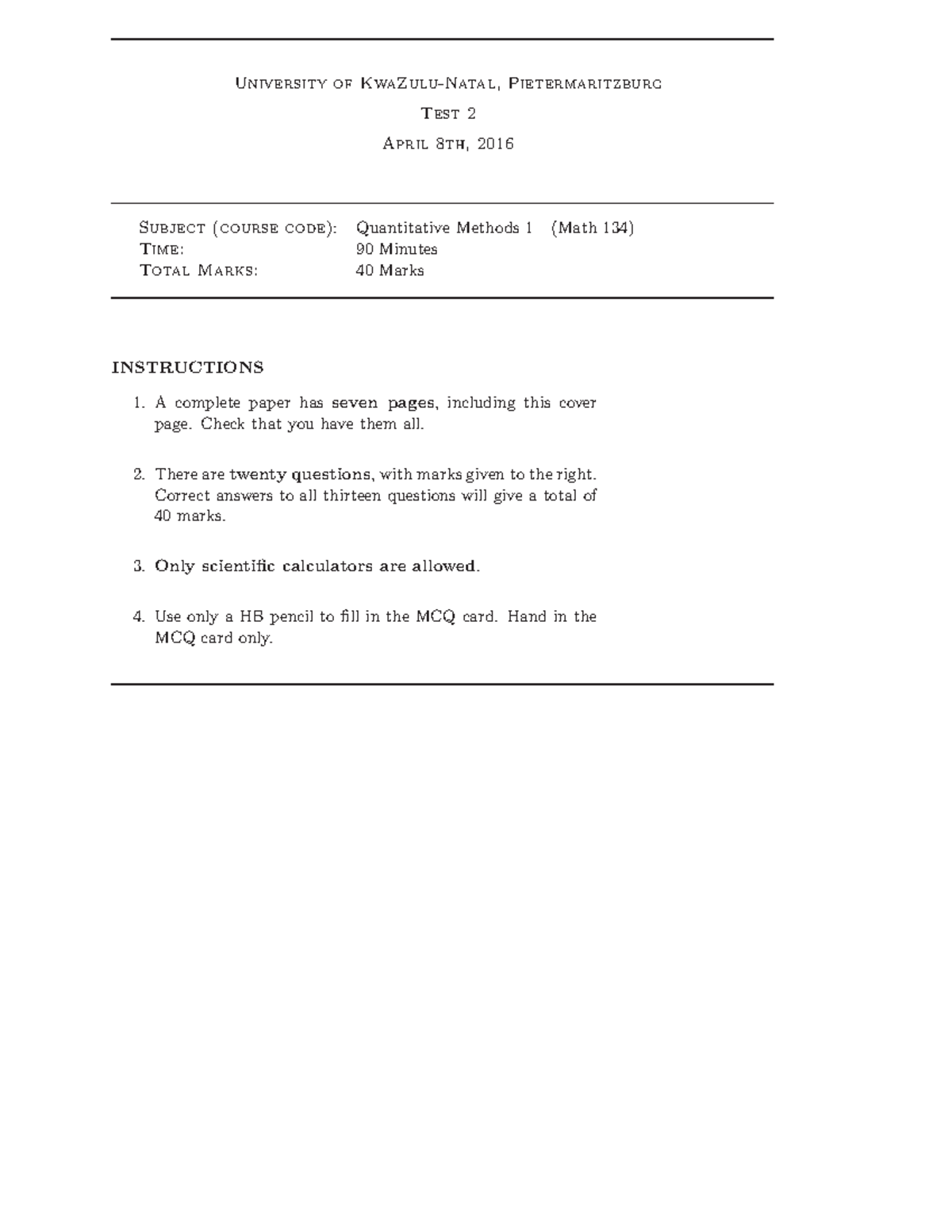 Math 134 Test 2: Quantitative Methods Exam Review & Questions - Studocu