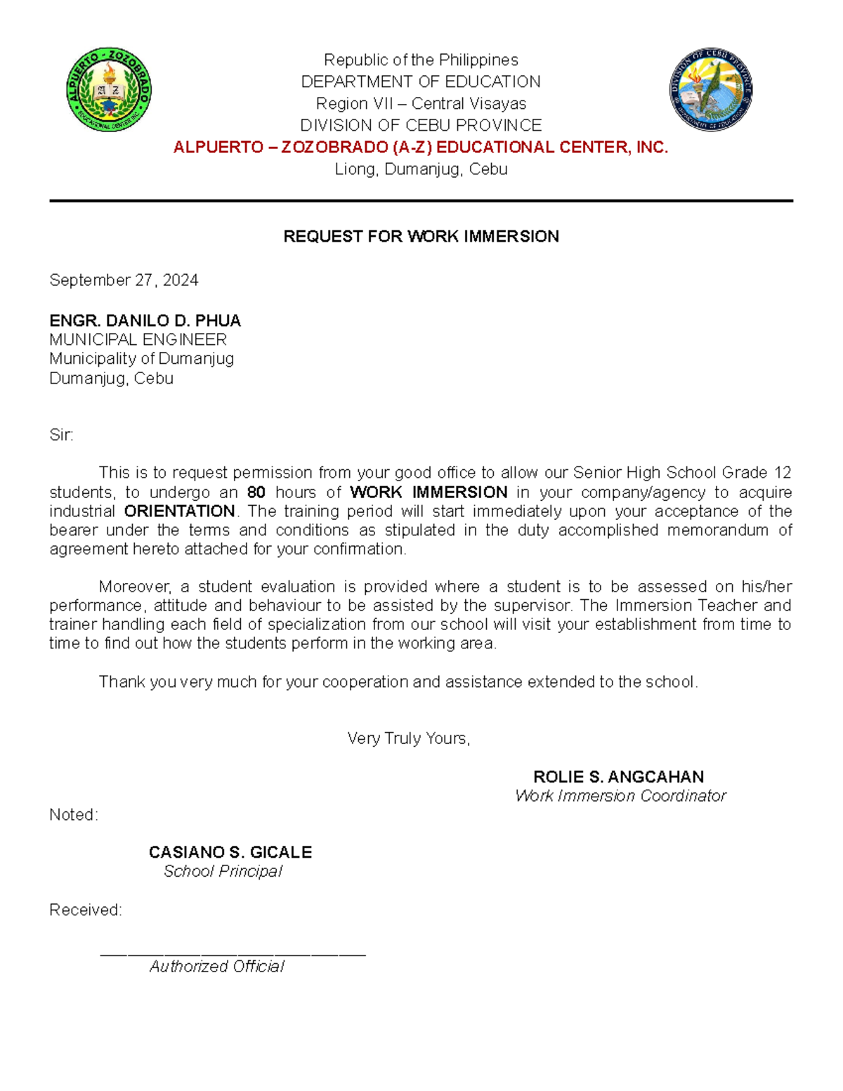 Request for Work Immersion - Senior High School Grade 12 - Studocu