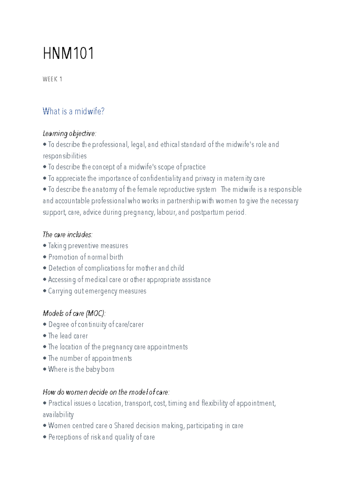 HNM 709 Midwifery Partnerships: Week 1 Overview and Learning Goals ...