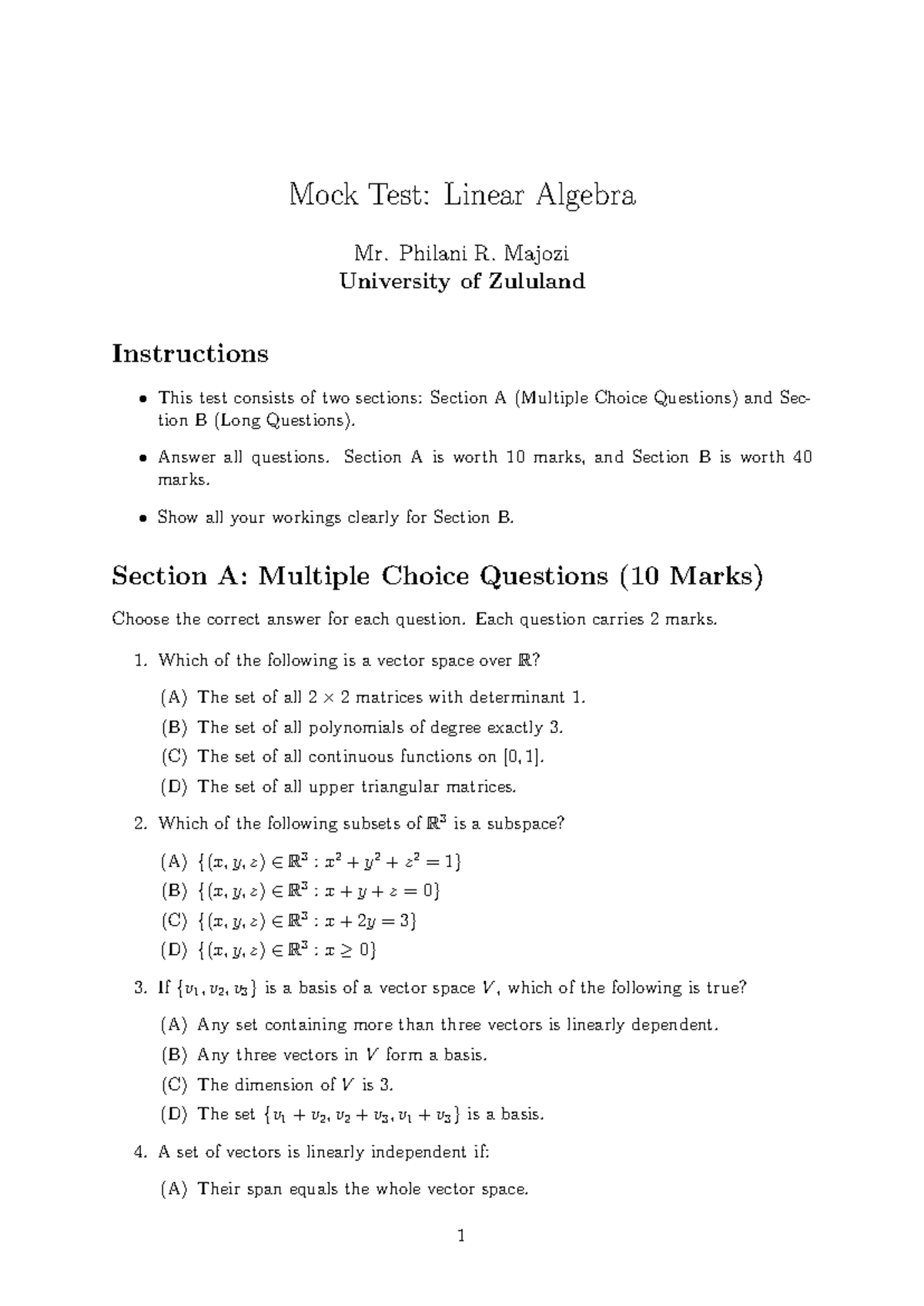 4MTH222 Mock Test: Linear Algebra Overview and Questions - Studocu