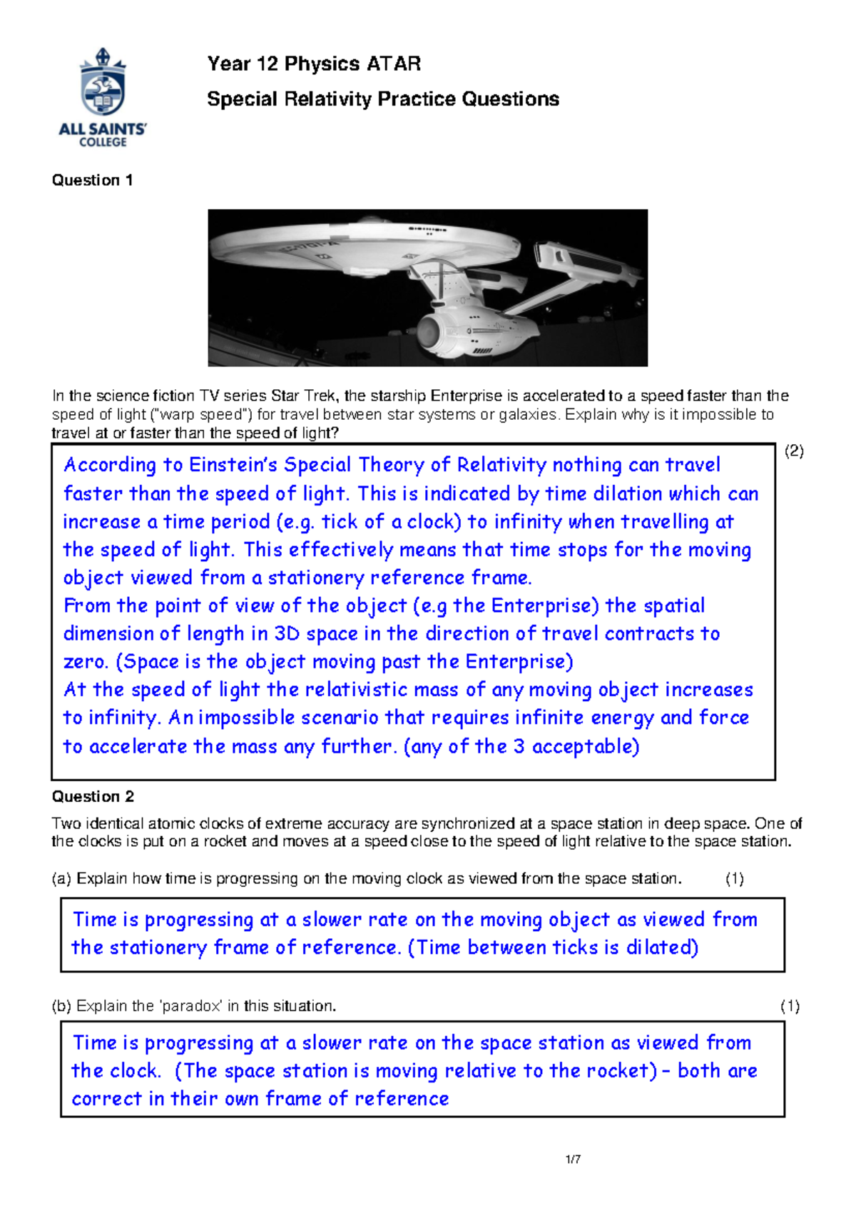 Year 12 Physics ATAR Special Relativity Practice Solutions - Studocu