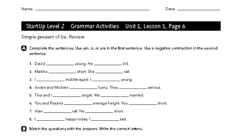 StartUp Level 2 Grammar Activities: Unit 1, Lessons 1 & 2 Review - Studocu