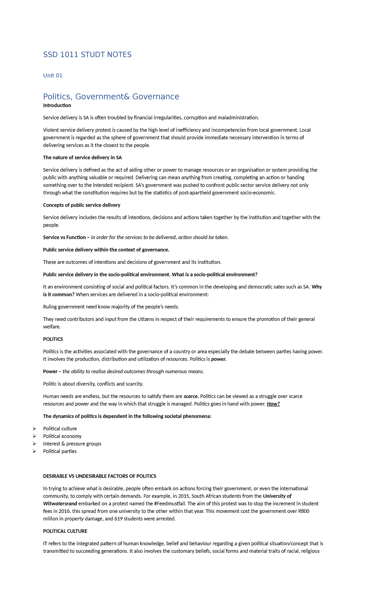 SSD 1011: Study Notes on Public Service Delivery and Governance - Studocu