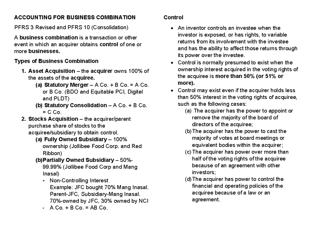 Business Combinations: Notes on PFRS 3 & PFRS 10 - Studocu