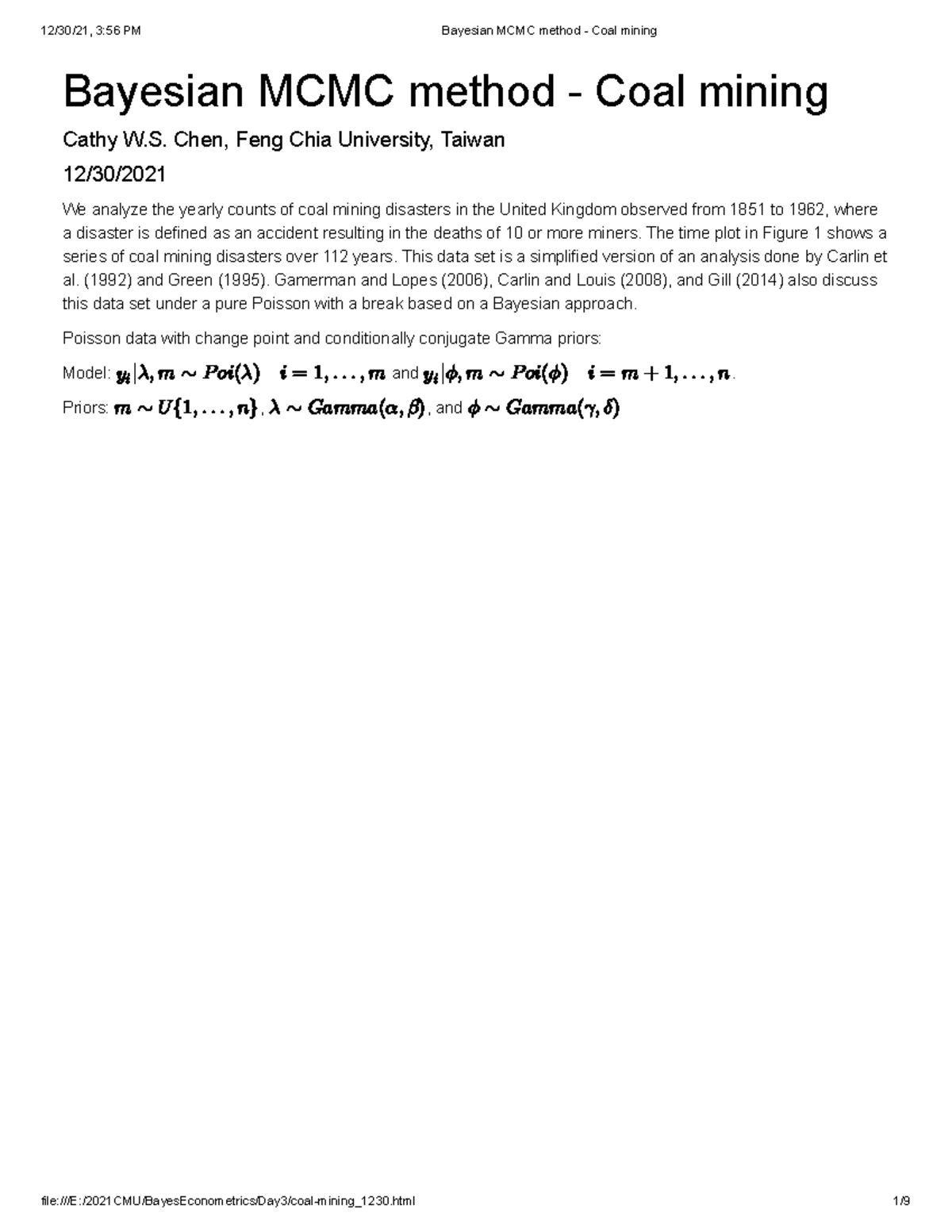 Bayesian MCMC Analysis of Coal Mining Disasters (1851-1962) - Studocu