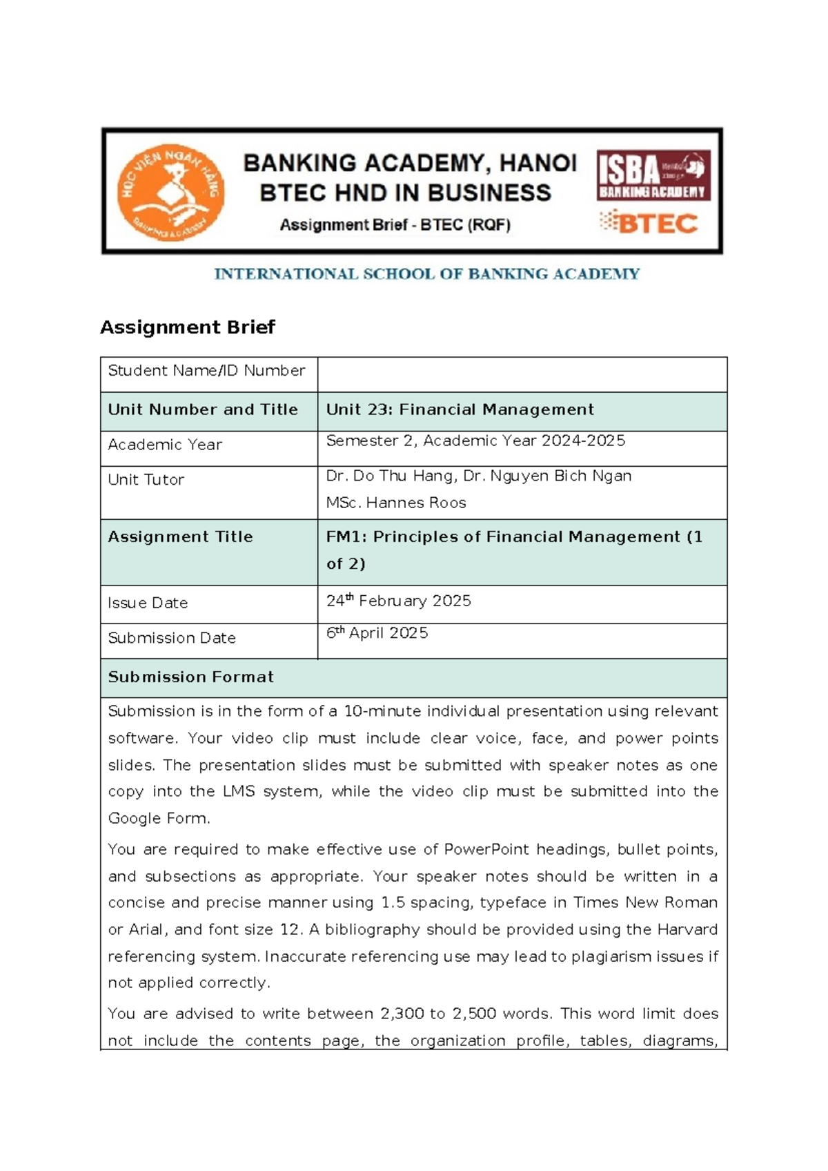 Assignment Brief 1 - FM - cbccbcbcbc - Assignment Brief Student Name/ID ...