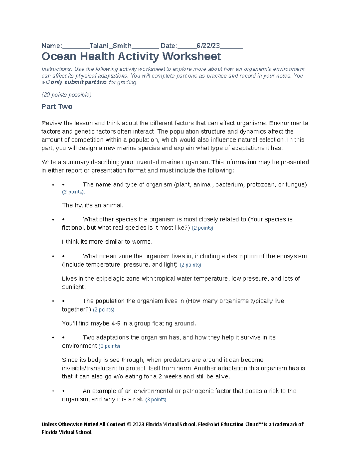 Ocean Health Lab Report T.A.K.S: Designing a Novel Marine Species - Studocu
