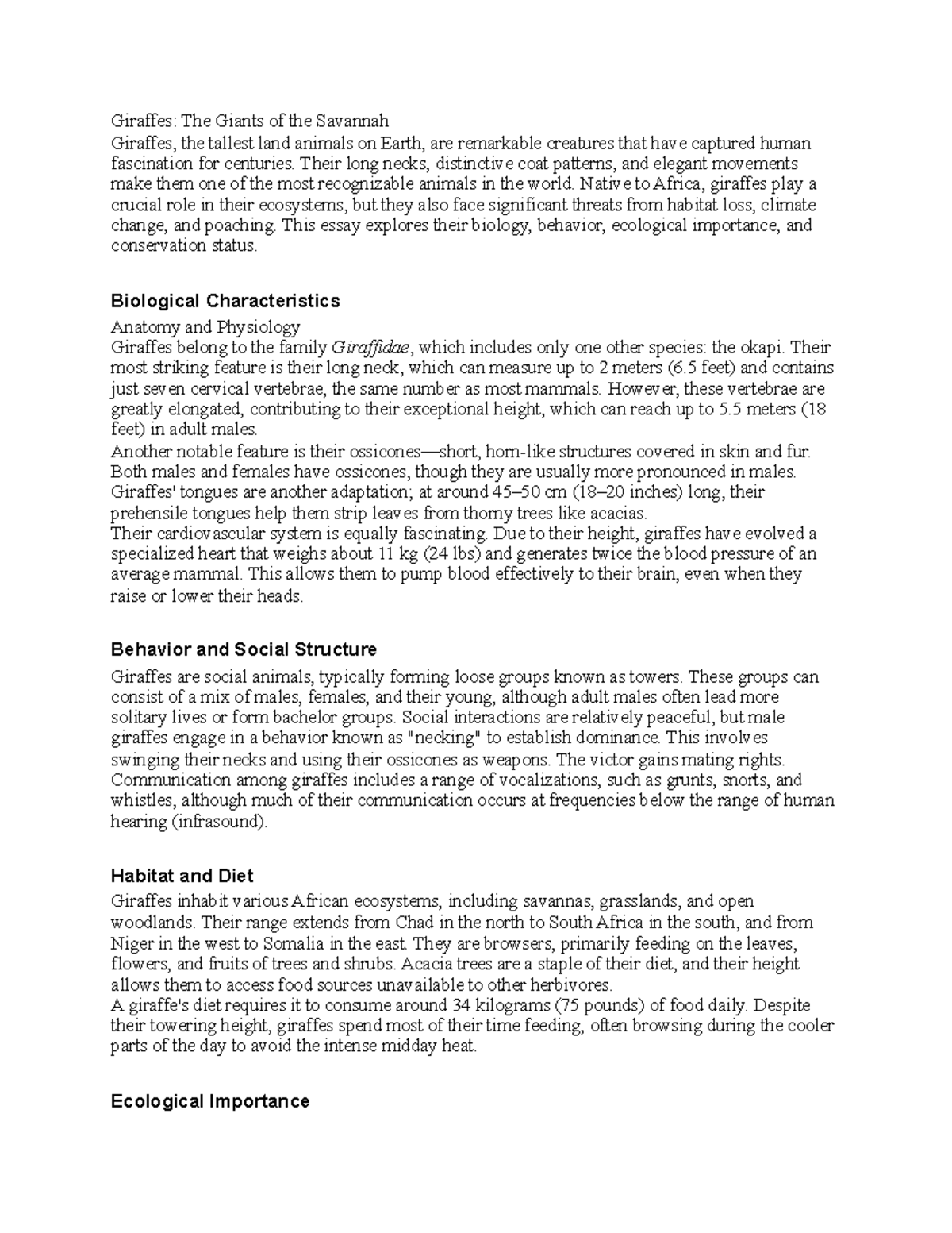 Giraffes: Biology, Behavior, and Conservation Overview Essay - Studocu