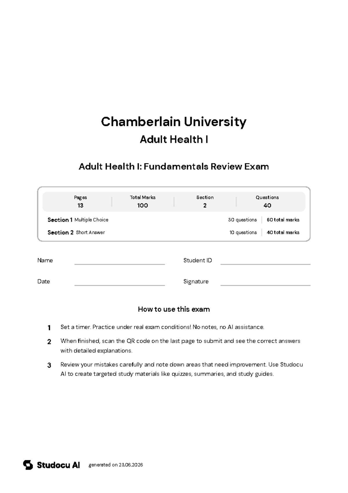 Adult Health I: Fundamentals Review Exam - Studocu