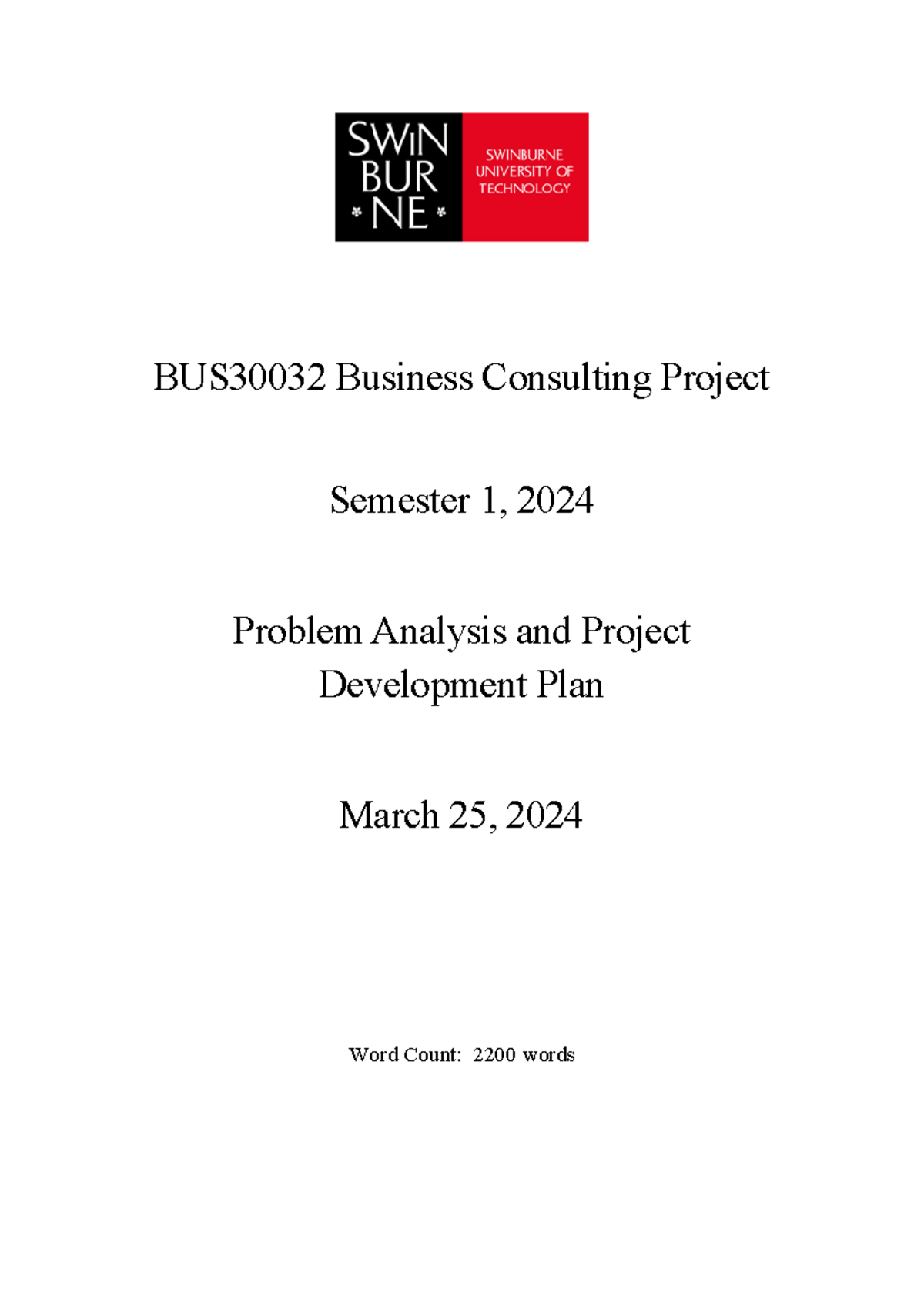 BUS30032 Project Development Plan for Business Consulting - Semester 1 ...