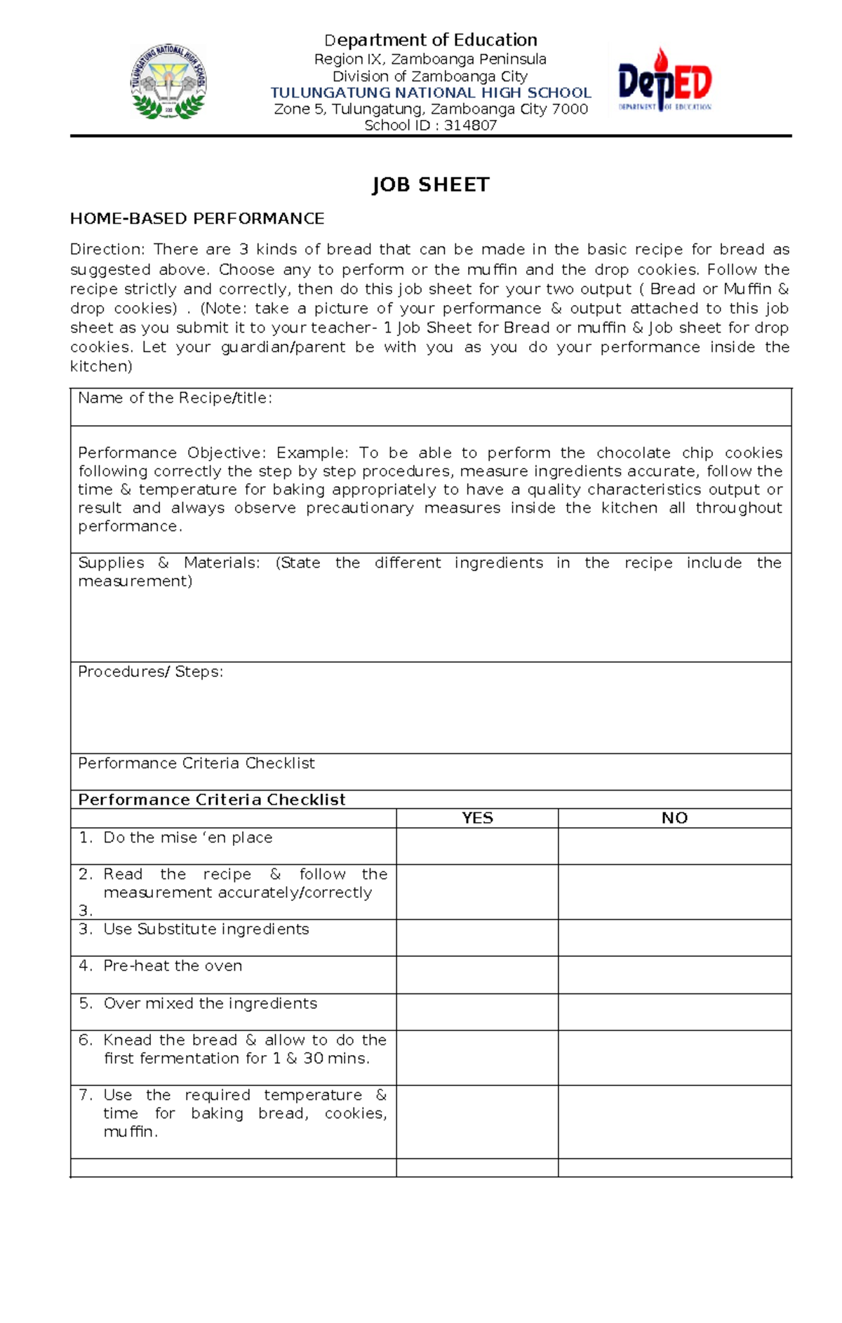 Bread and Pastry Job Sheet Rubrics for Performance Assessment - Studocu