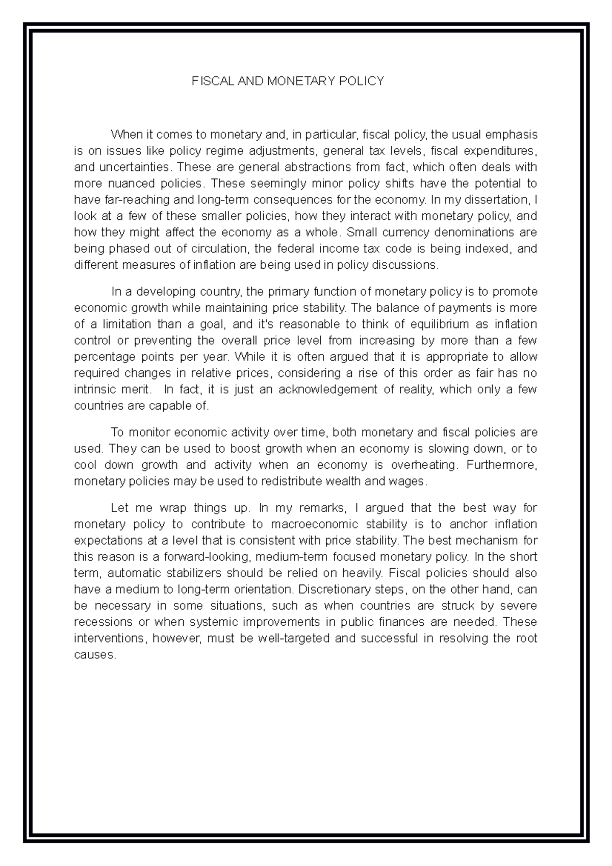 Fiscal and Monetary Policy: A Study on Economic Interactions - Studocu