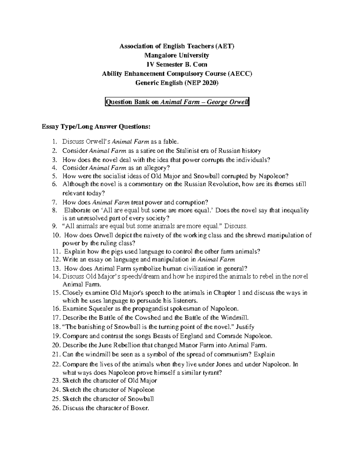 Animal Farm Question Bank - AET (IV Sem B.Com) Essay Questions - Studocu