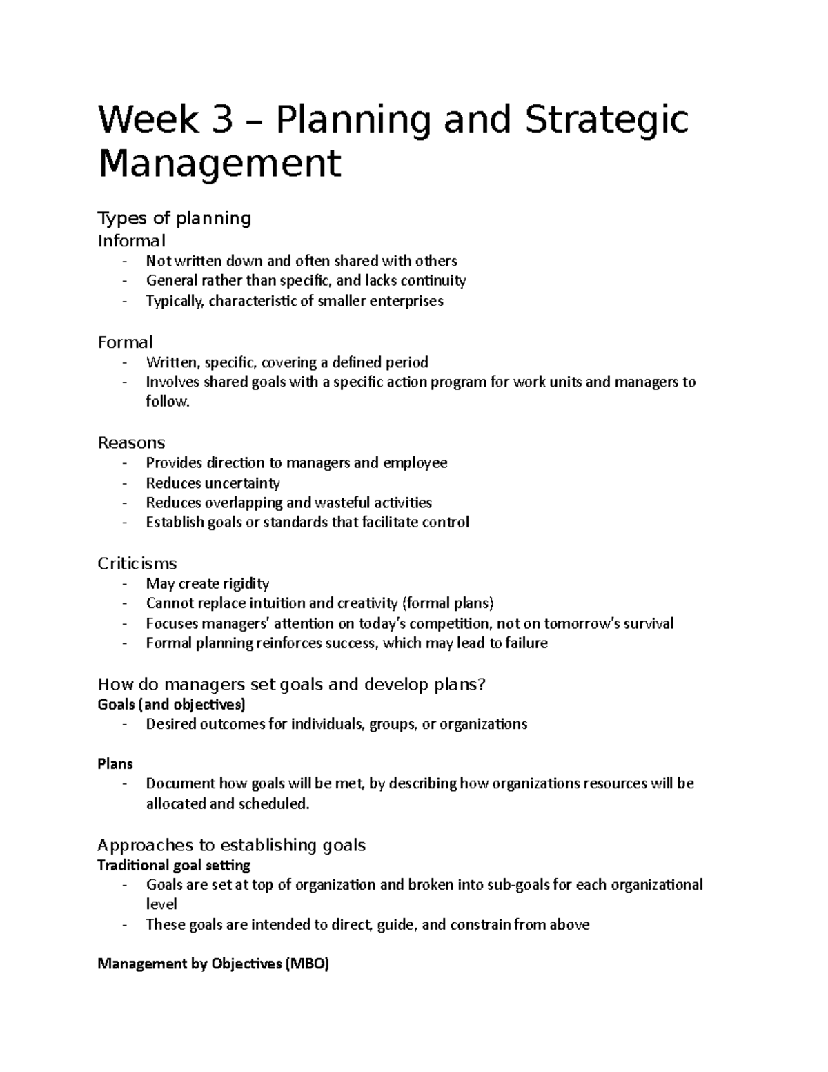 Week 3 - planning and strategic management - Week 3 – Planning and ...
