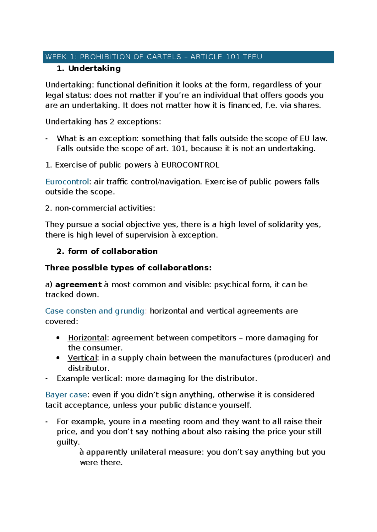 EU Law Week 1: Prohibition of Cartels & Article 101 TFEU - Studeersnel