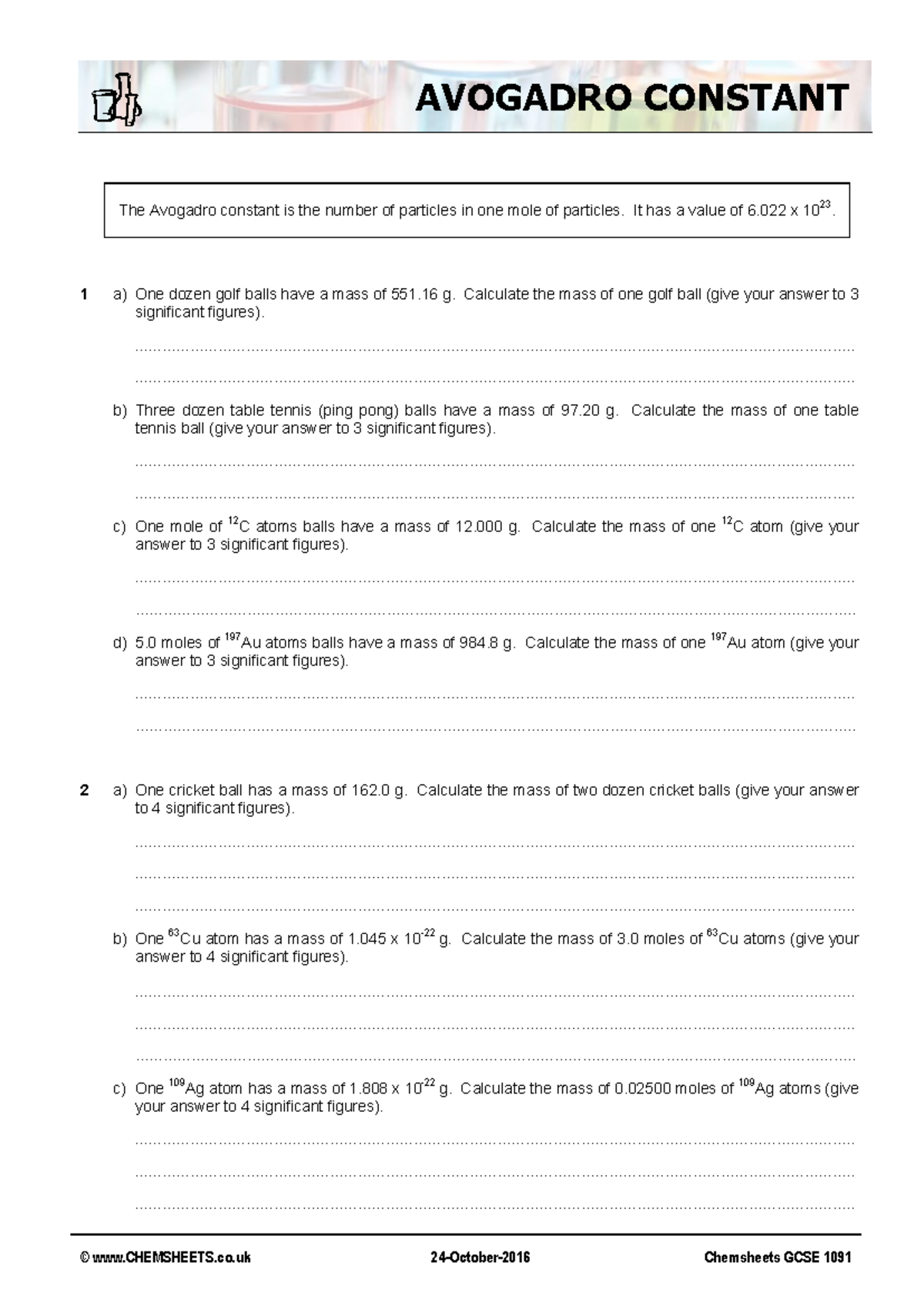 Chemsheets GCSE 1091: Avogadro Constant Calculations and Examples - Studocu