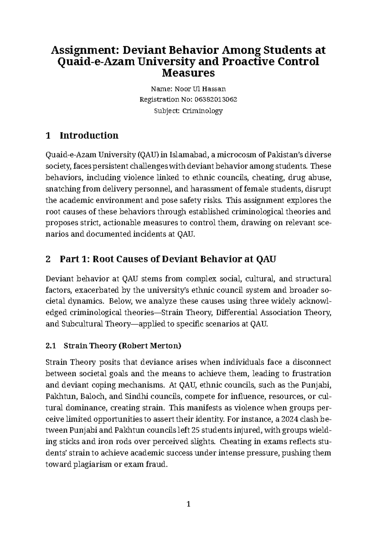 Criminology Assignment: Analyzing Deviant Behavior at QAU - Studocu