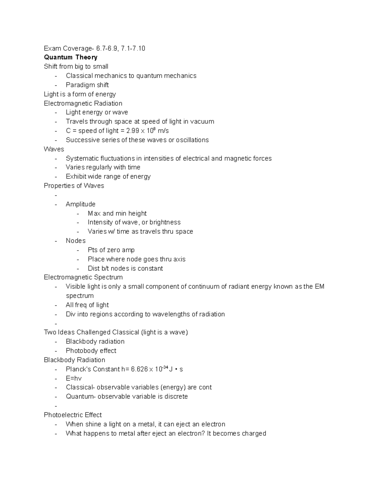 Chapter 7 - Quantum Theory - Lecture Notes for Test 3 Exam Prep - Studocu