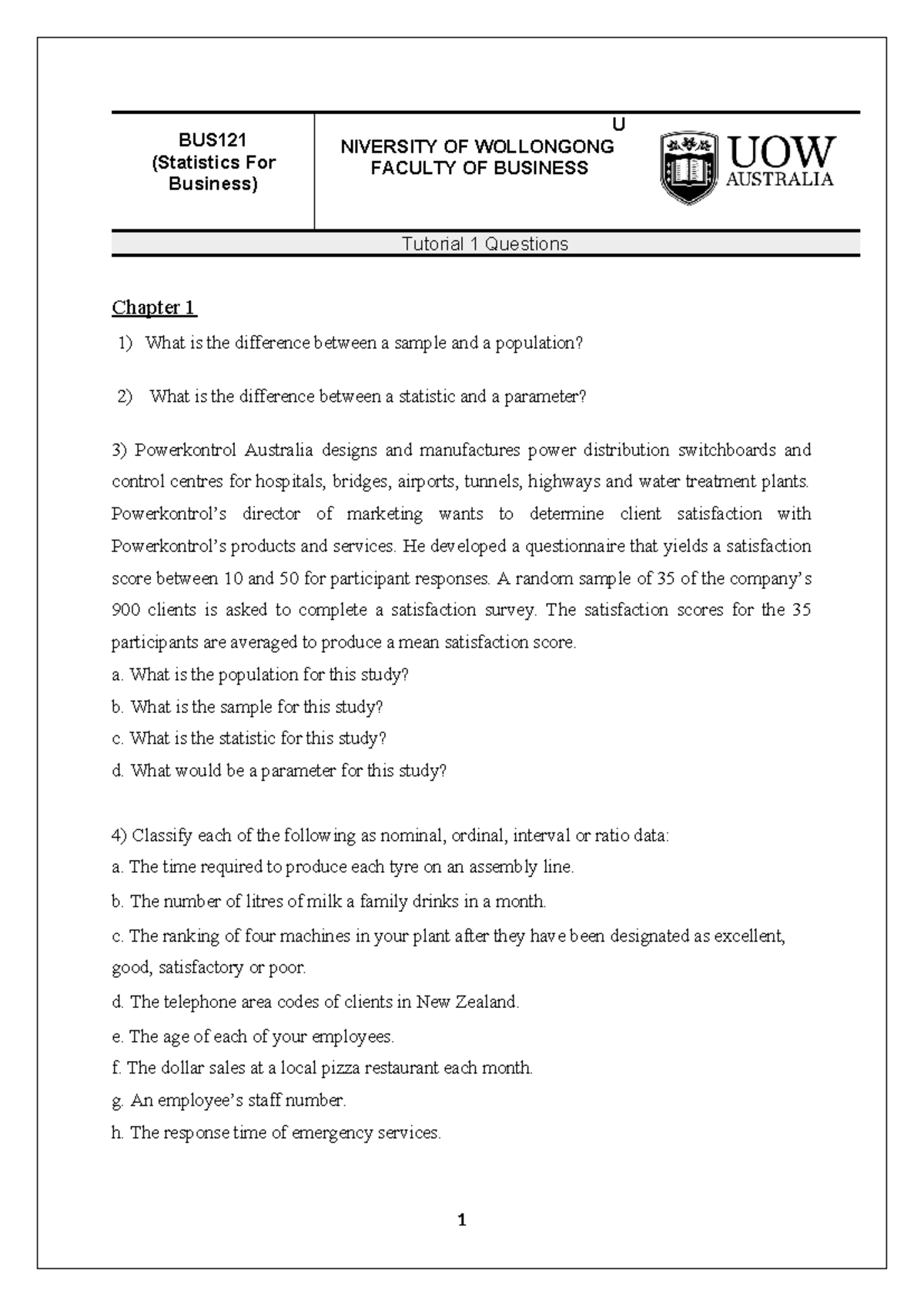 BUS121 Tutorial 1 Questions: Chapters 1-3 Overview and Answers - Studocu