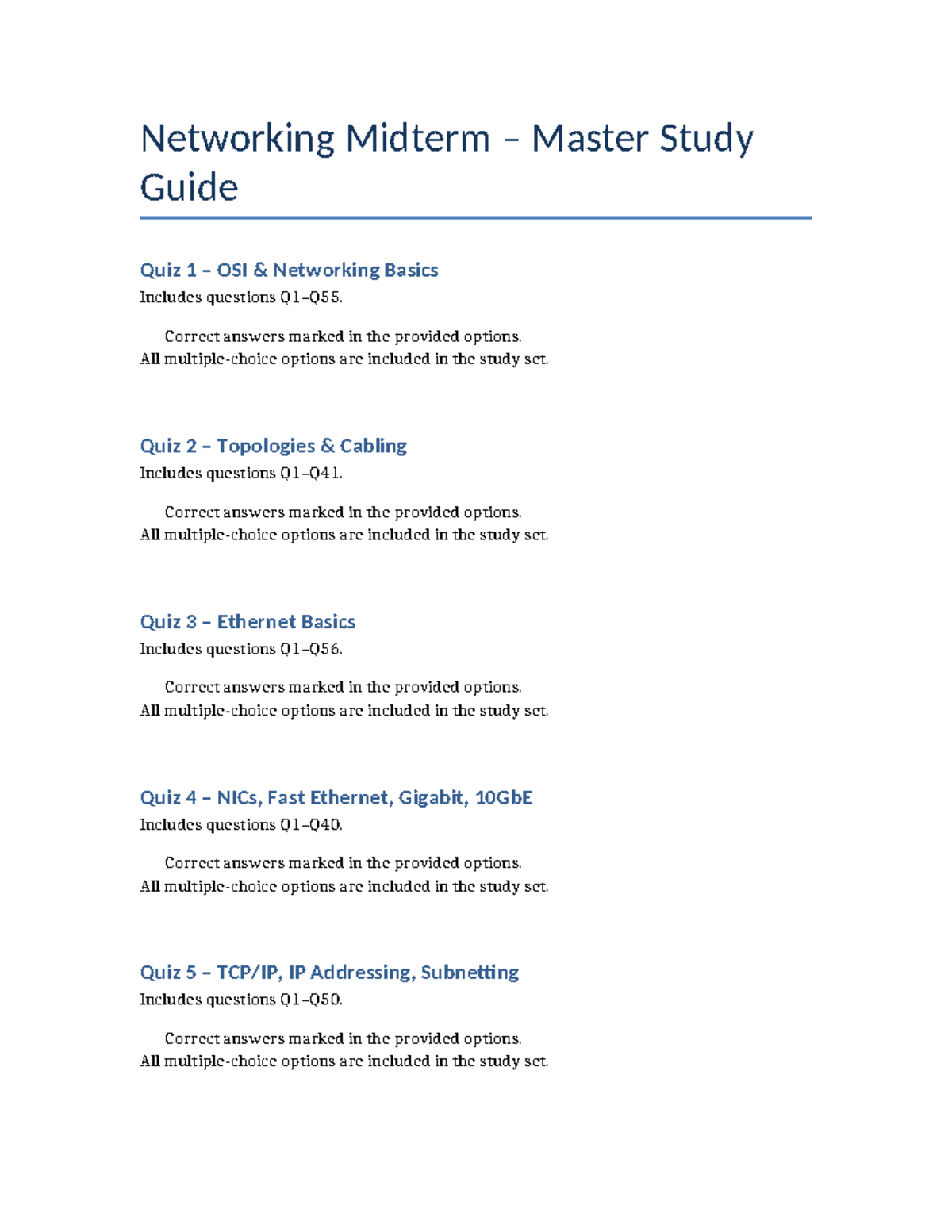 Networking Midterm Study Guide: Quizzes on OSI, Topologies, & More ...