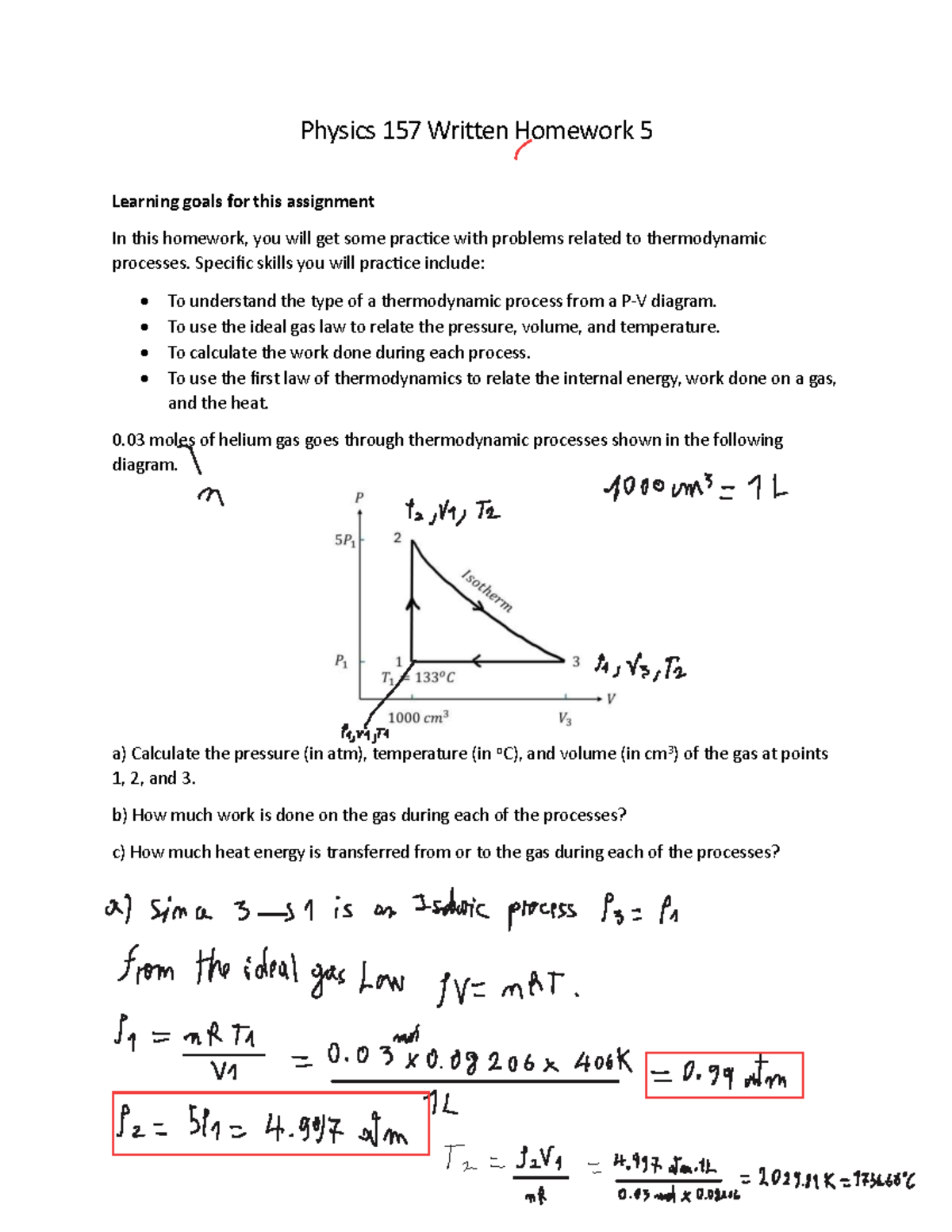 Physics 157 Written Homework 5: Thermodynamic Processes Analysis - Studocu