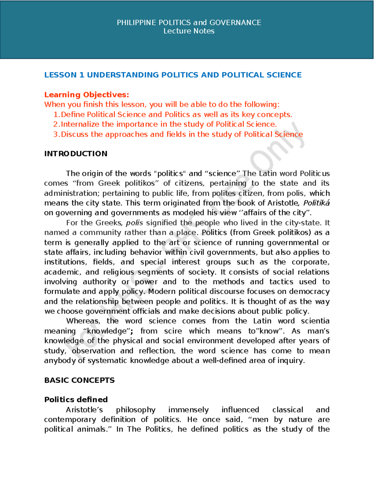 Lesson 1: PPG - Intro to Politics & Political Science Lecture Notes ...