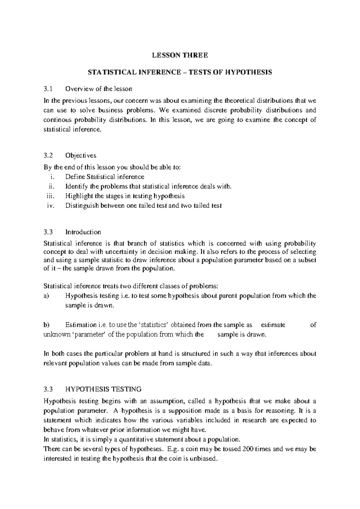 Lesson 3: Statistical Inference & Hypothesis Testing - Studocu