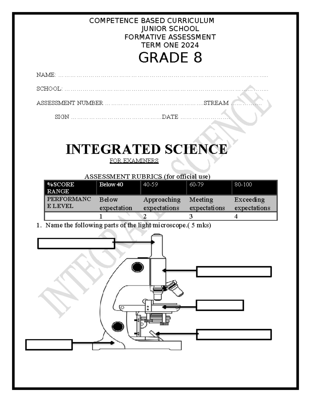 Grade 8 Integrated Science Formative Assessment Term 1 2024 - Studocu