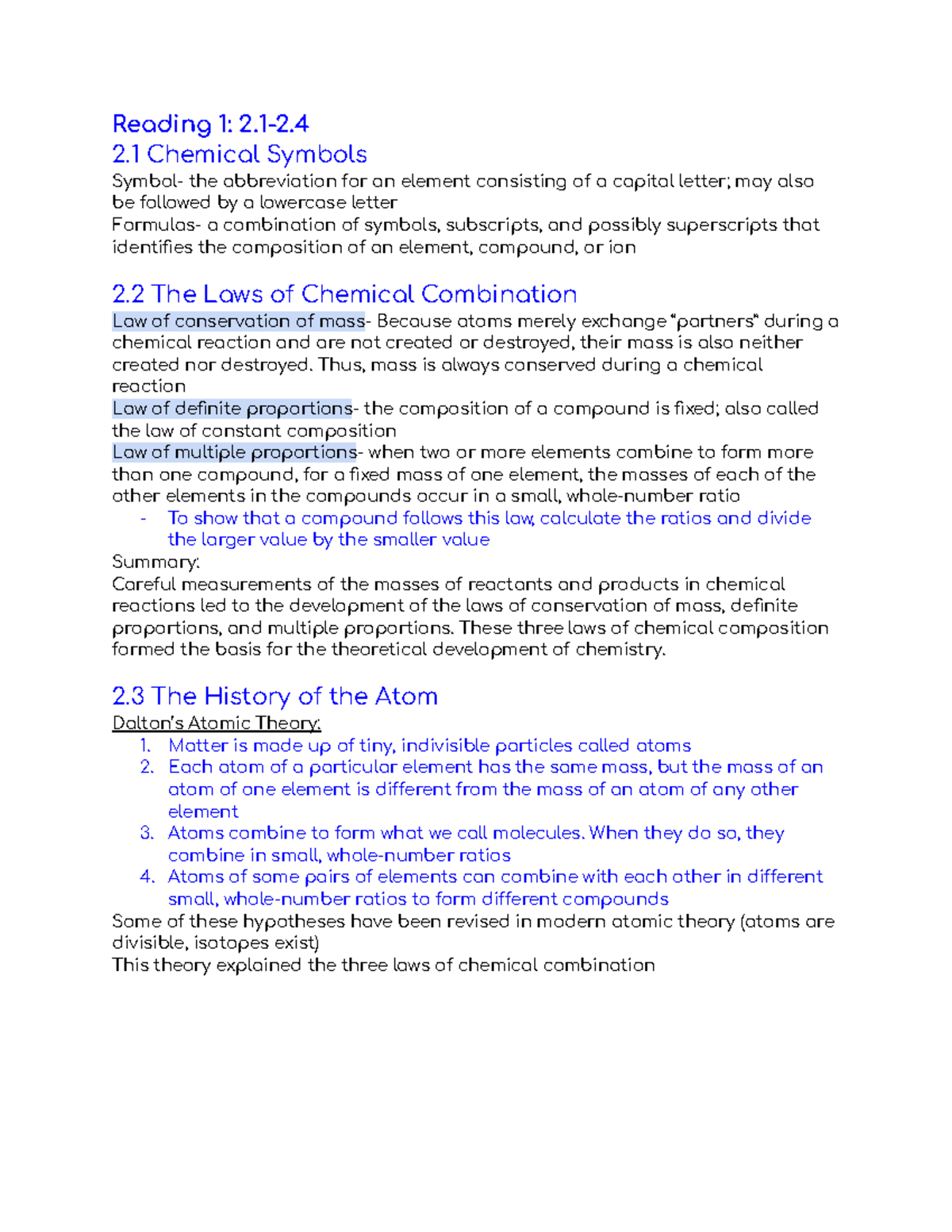 Chapter 2 Readings: Understanding Chemical Laws and Atomic Theory ...