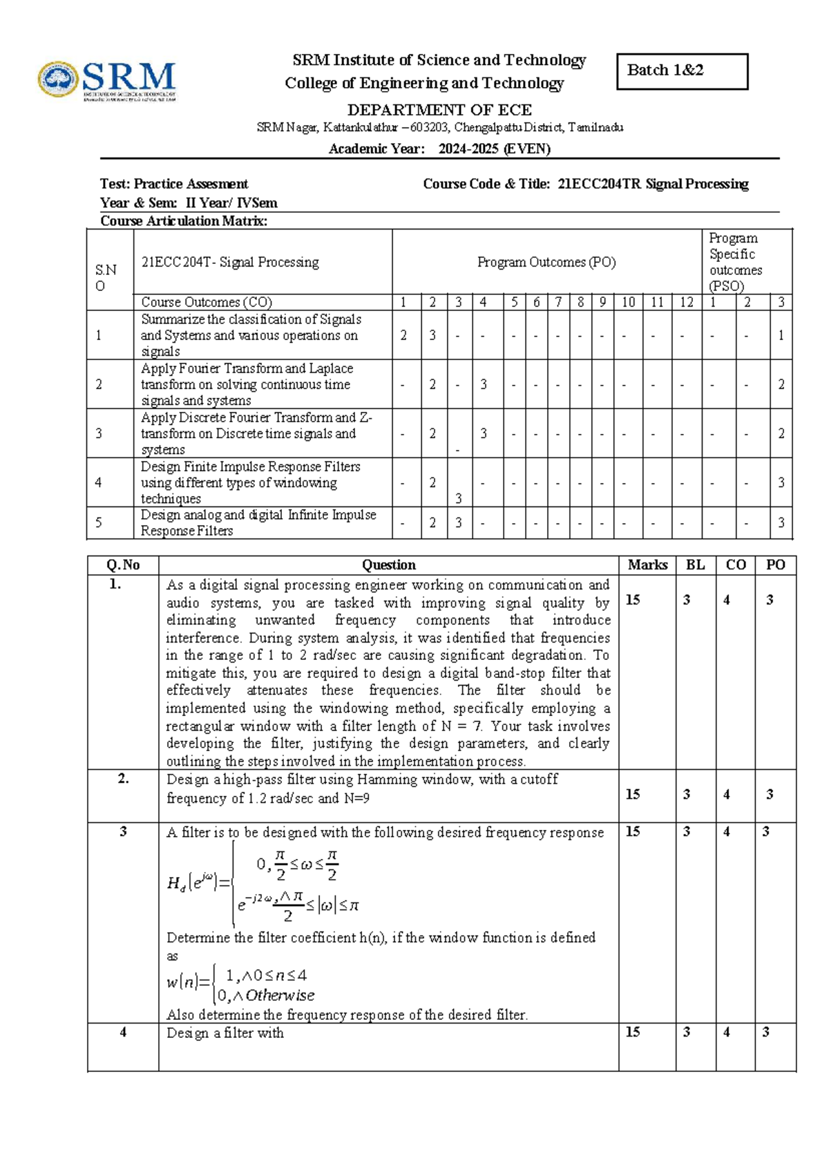 Practice Assessment Questions for 21ECC204TR Signal Processing - Studocu