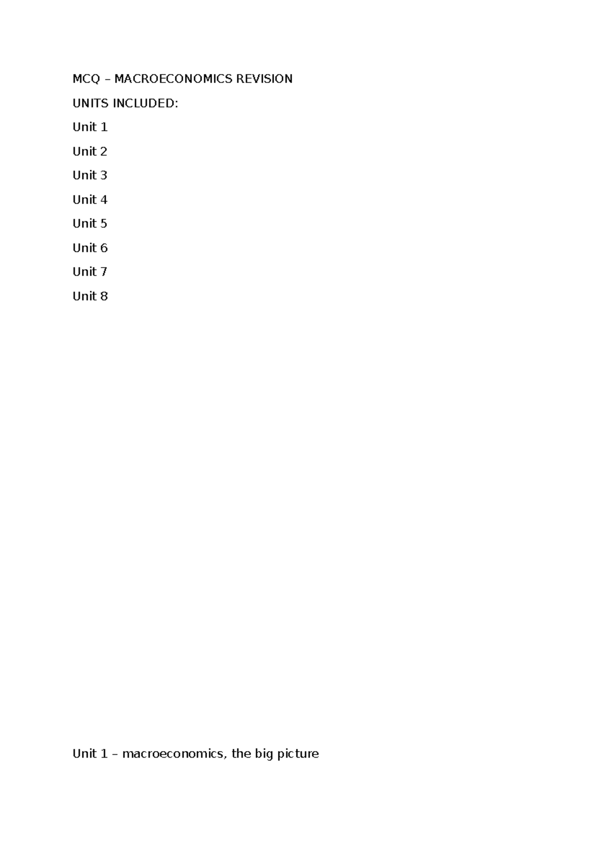 MCQ MACROECONOMICS REVISION: Units 1-8 Overview and Key Concepts - Studocu