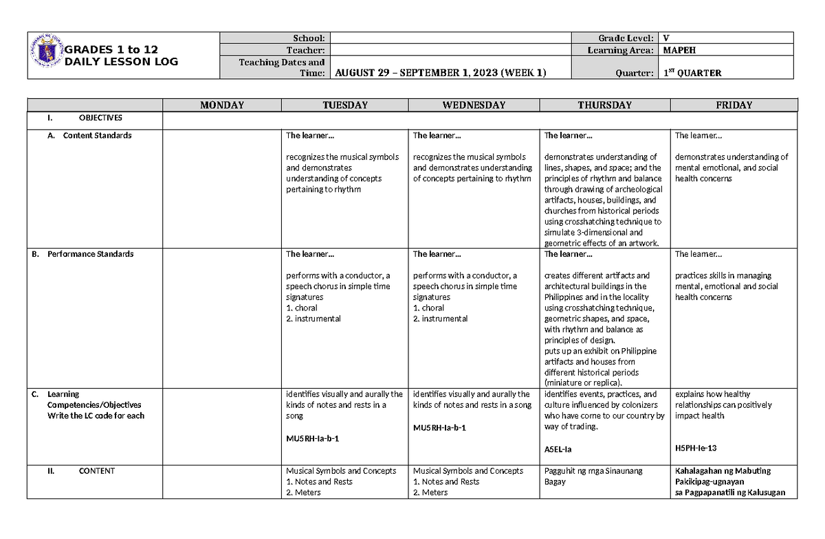 DLL MAPEH 5 Q1 W1 Daily Lesson Log for Music and Arts - Studocu