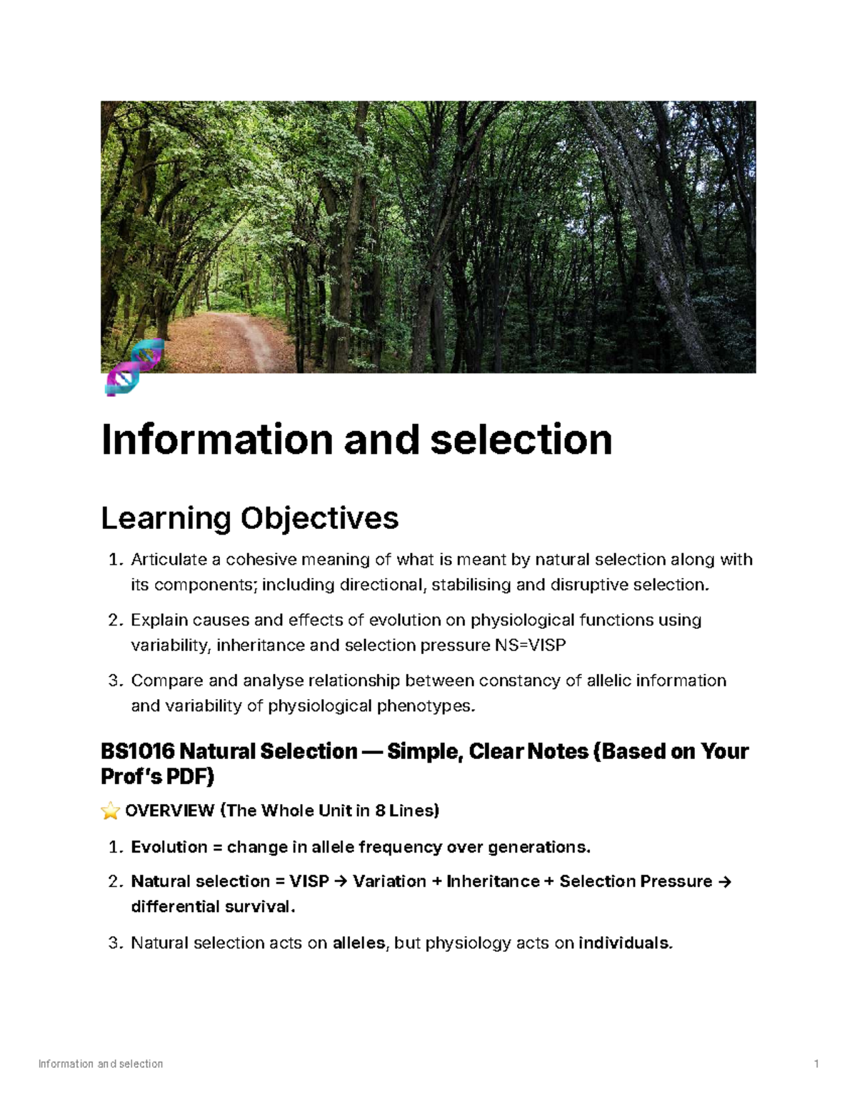 BS1016 Evolution Notes: Natural Selection and Physiological Adaptations ...