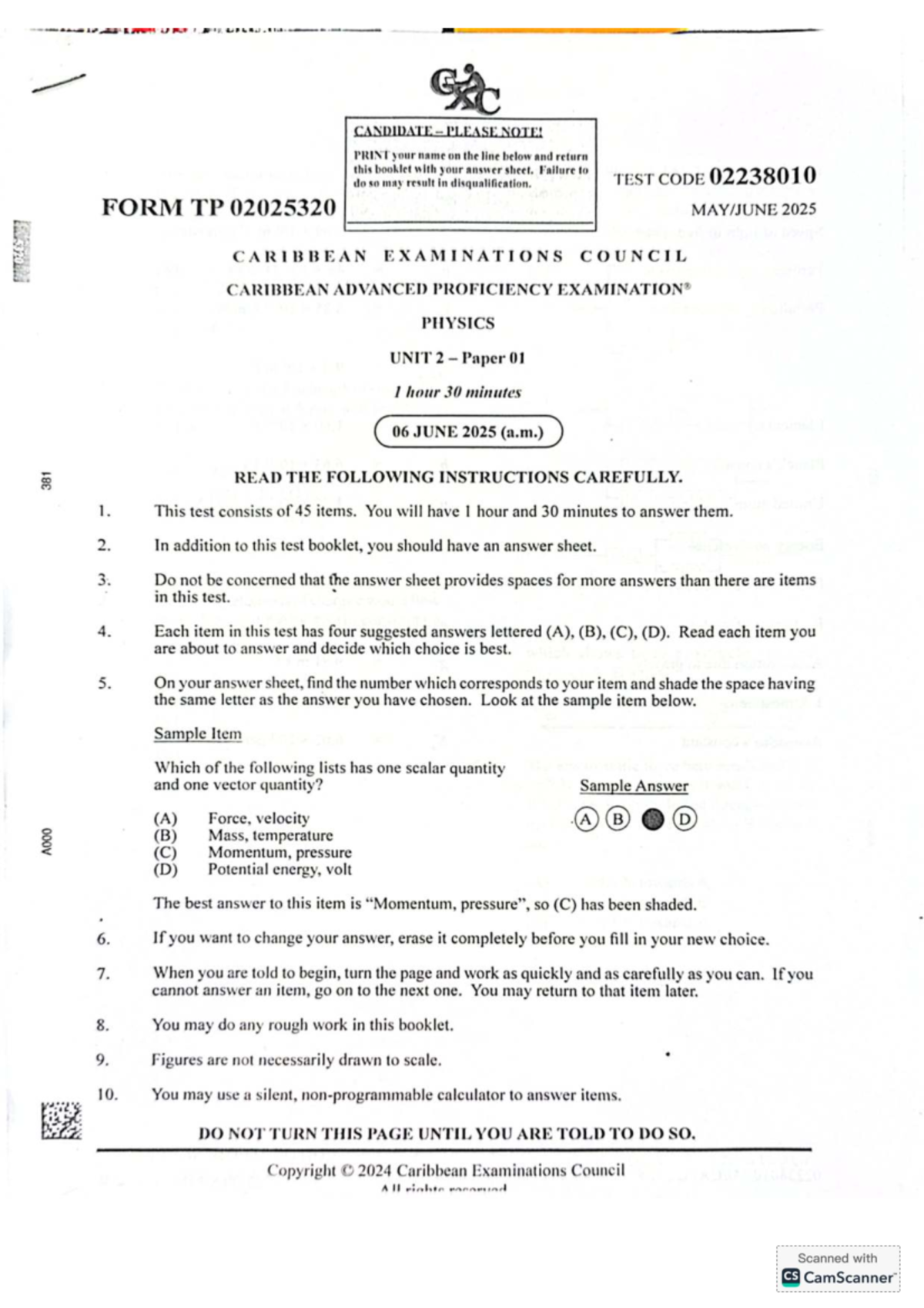 CAPE Physics Unit 2 Paper 01 2025 Exam Instructions and Questions - Studocu