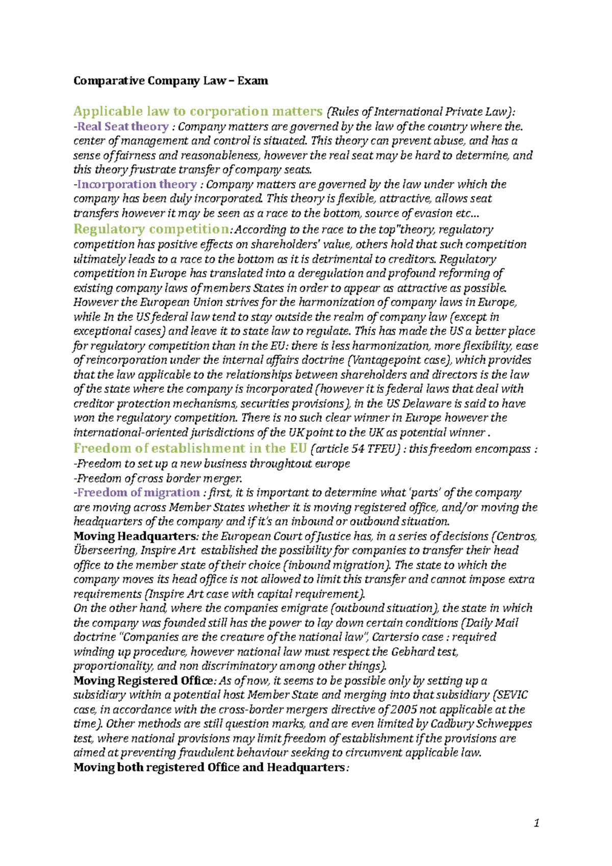 Comparative Company Law - Final Exam Overview and Key Theories ...