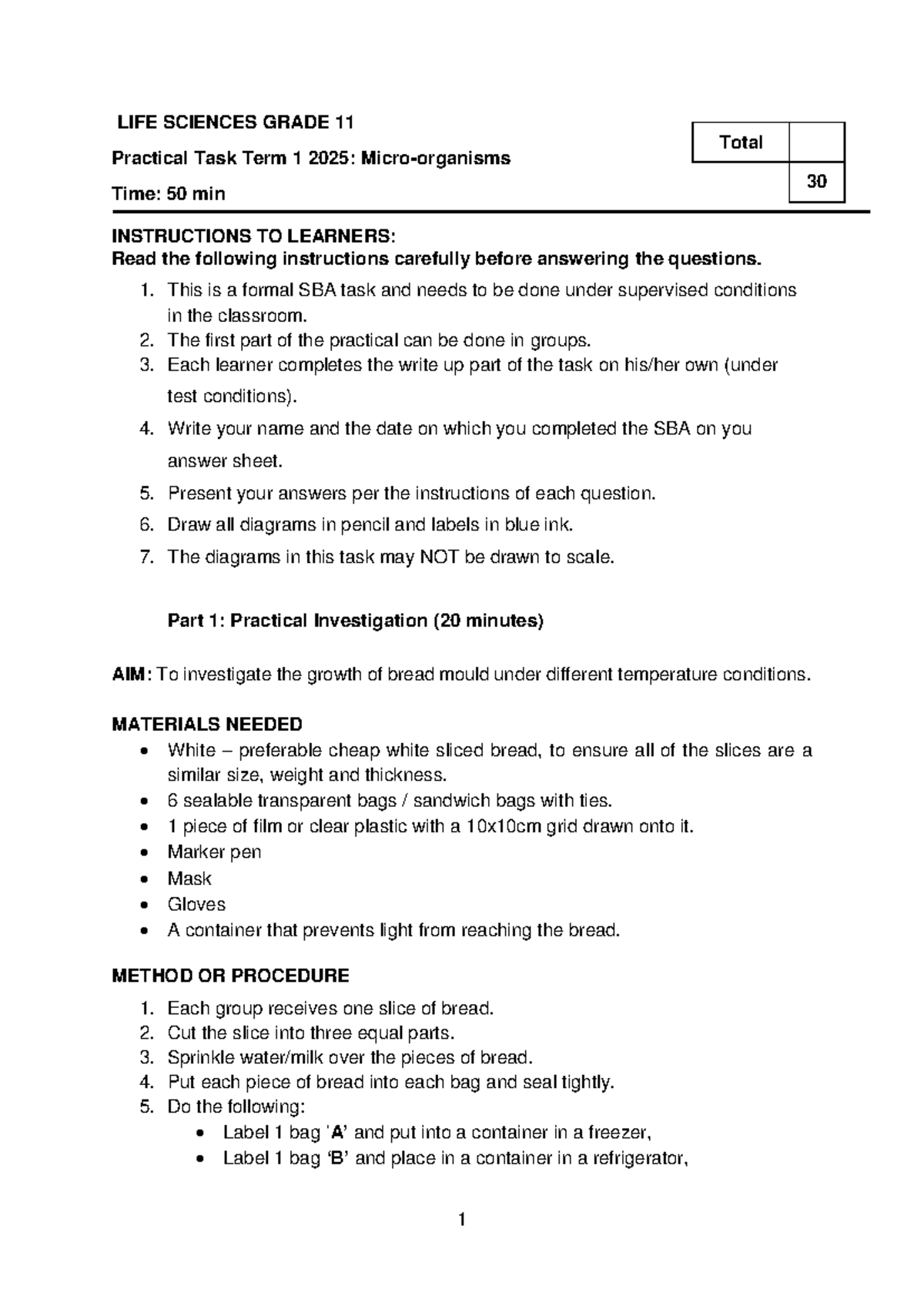 LIFE SCIENCES GRADE 11 Practical Task Term 1 2025: Bread Mould ...